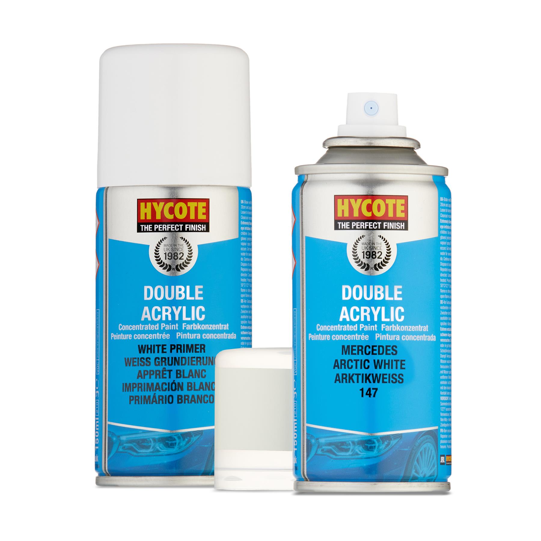 Hycote Double Acrylic Mercedes Arctic White Spray Paint 150ml + White