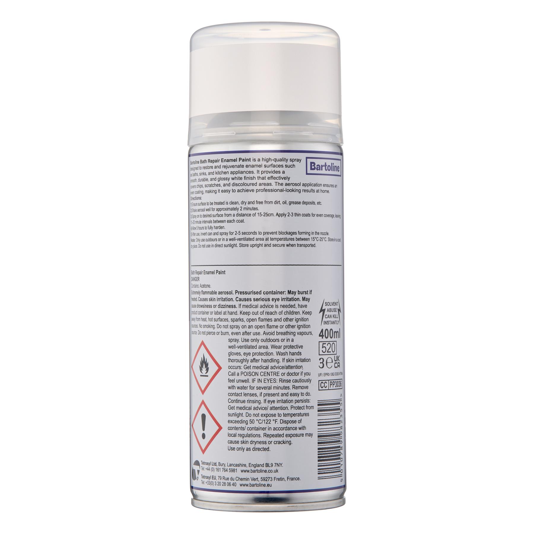 Bartoline PP3036 White Enamel Bath Repair Spray Paint 400mL Bathroom Aerosol