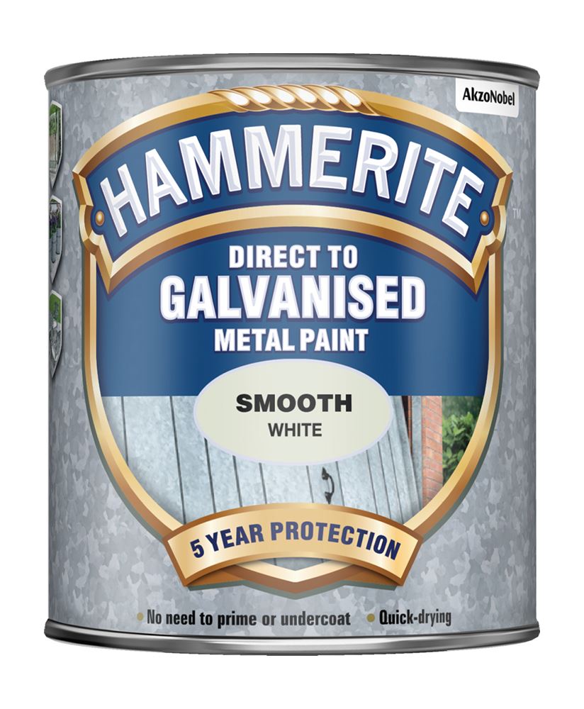 Hammerite Smooth White Direct To Galvanised Paint For Metal Tin Can