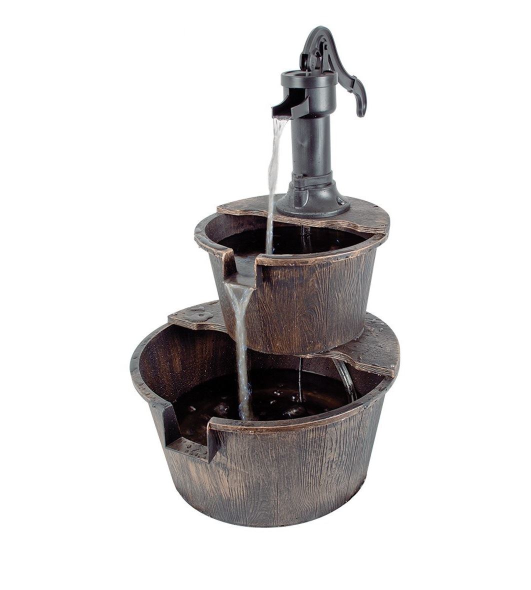 New 2 Tier Garden Barrel Pump Fountain Water Feature Cascade Outdoor