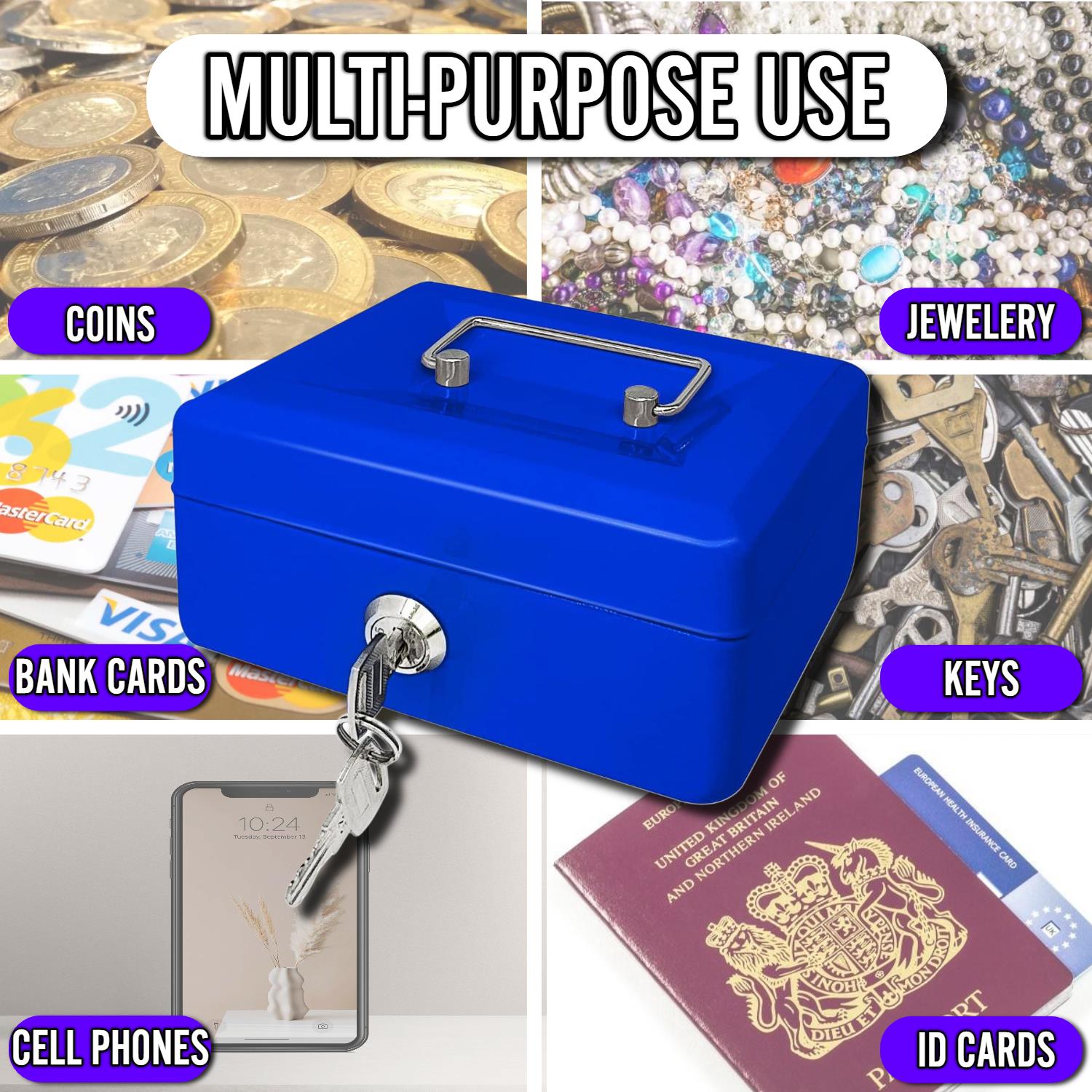 Metal Cash Box Strong Portable Compact Secure Heavy Duty Space Saving Box - Picture 16 of 31