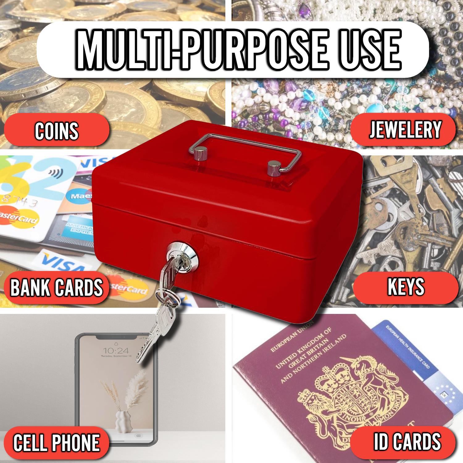 Metal Cash Box Strong Portable Compact Secure Heavy Duty Space Saving Box - Picture 21 of 31