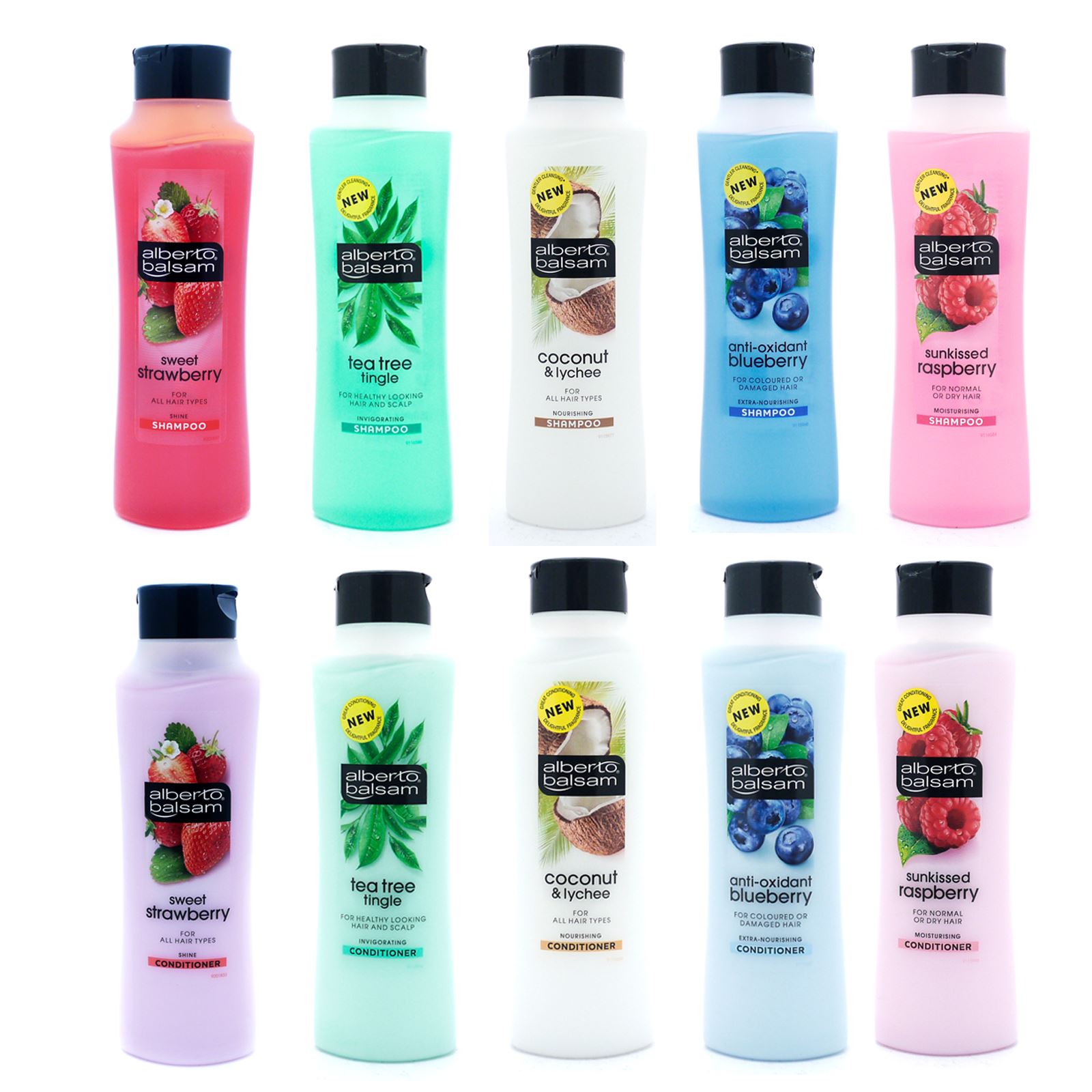 Alberto Balsam Shampoo Conditioner Coconut Raspberry Tea Tree Blue