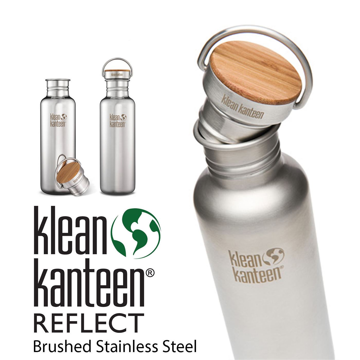 Klean Kanteen Reflect Stainless Steel Water Bottle Bamboo Cap 2 Sizes
