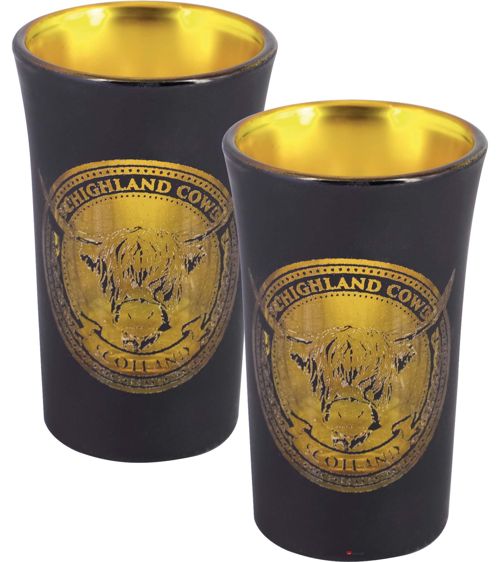Set of 2 Slammer Glasses Electroplated 50ml Scottish Cow, Thistle, Flag, Nessie - Picture 2 of 18