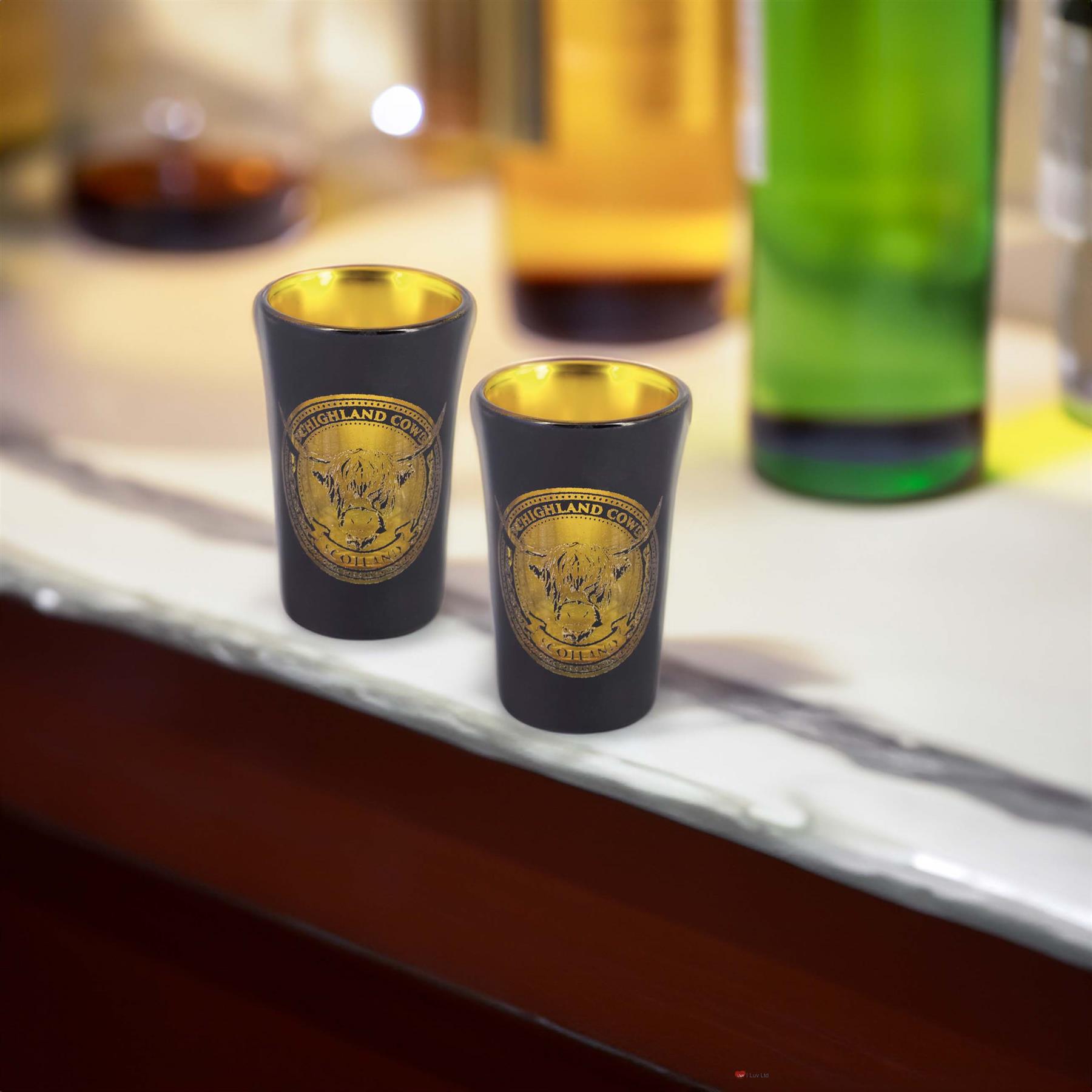 Set of 2 Slammer Glasses Electroplated 50ml Scottish Cow, Thistle, Flag, Nessie - Picture 4 of 18