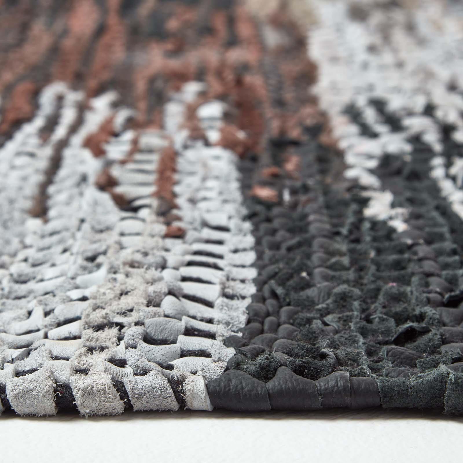 Black, Grey & Brown Handwoven Cutshuttle Design Eco Friendly Real Leather Rug - Picture 19 of 20