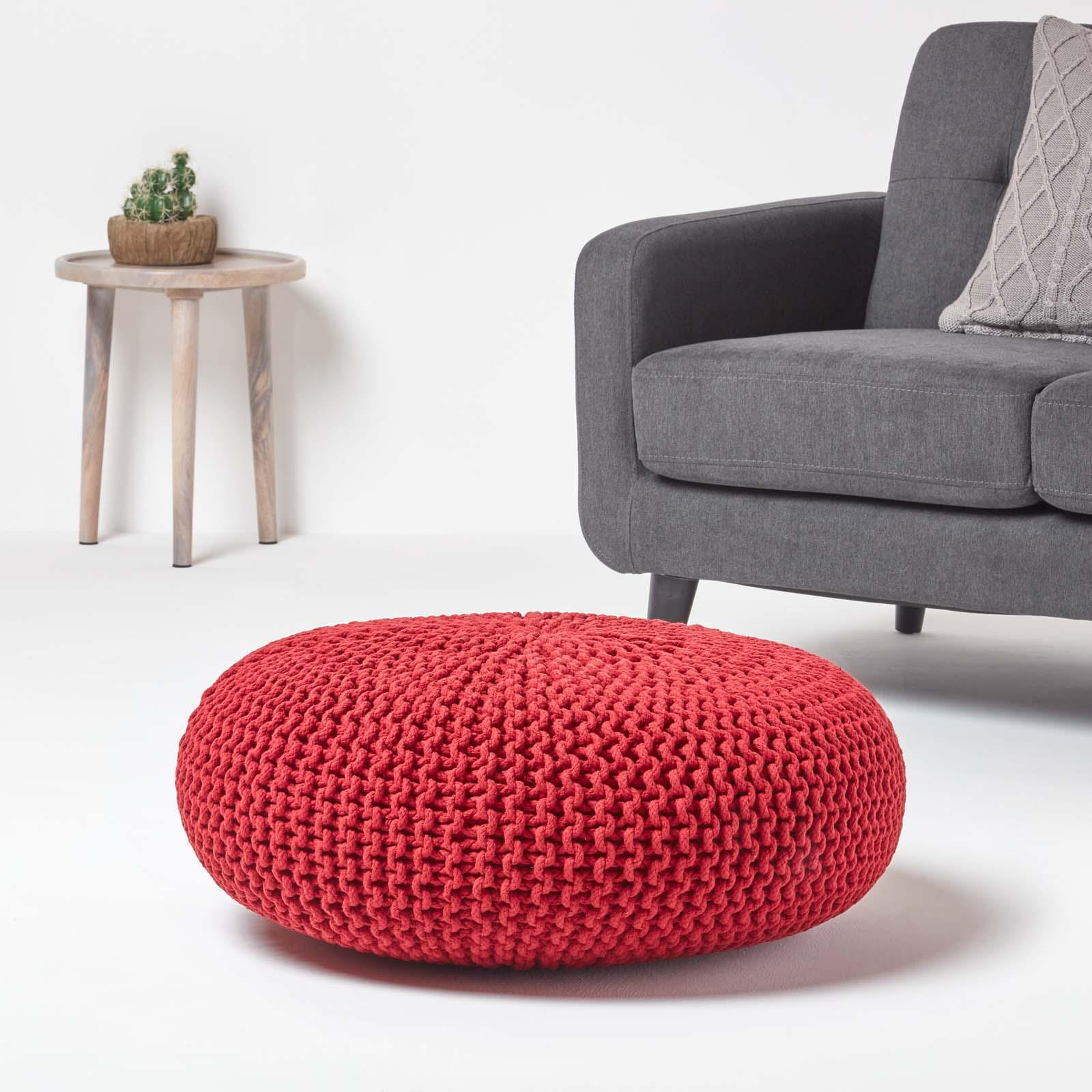 Large Round Cotton Knitted Pouffes Footstools Red, Yellow, Black, Grey, Natural - Picture 92 of 108