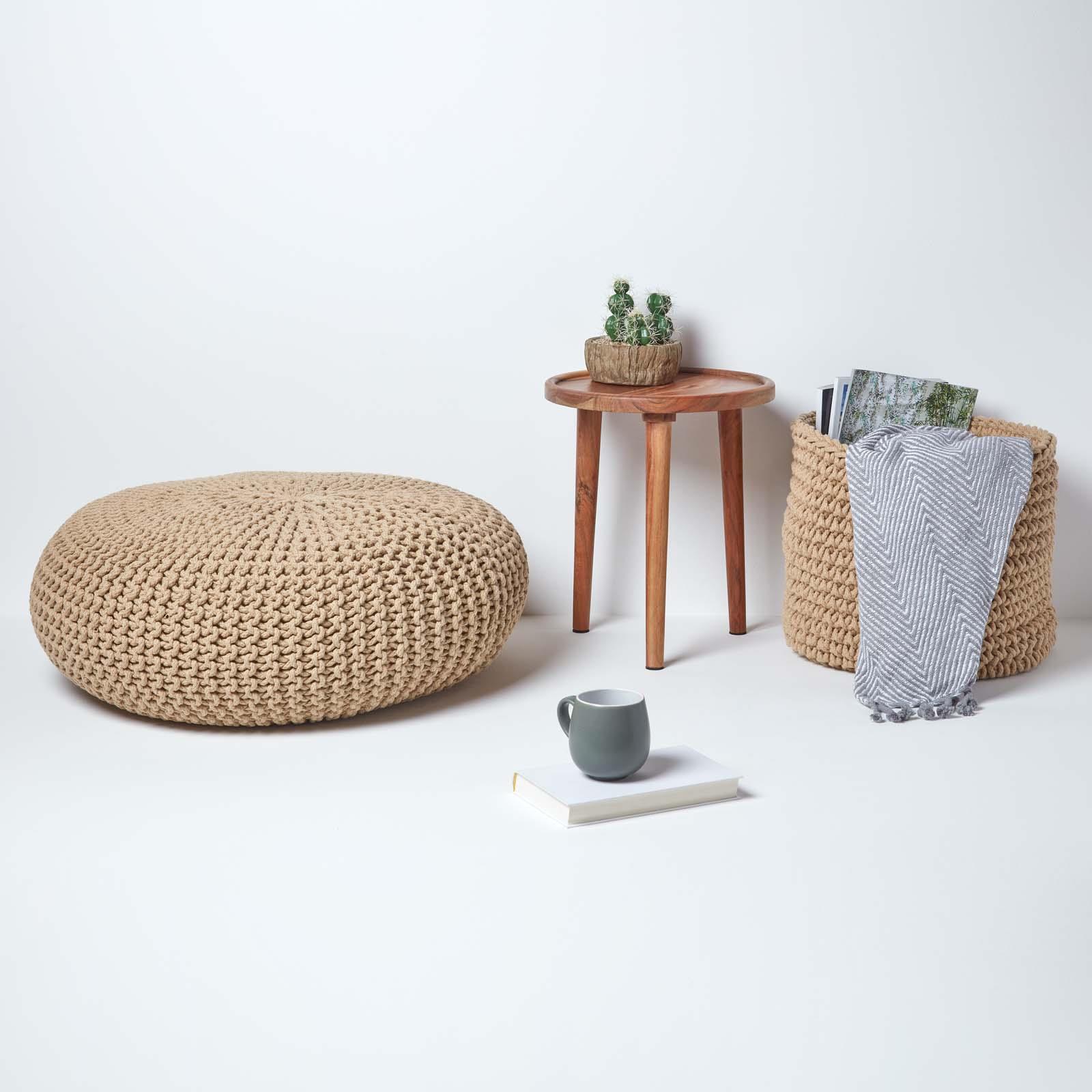 Large Round Cotton Knitted Pouffes Footstools Red, Yellow, Black, Grey, Natural - Picture 49 of 108