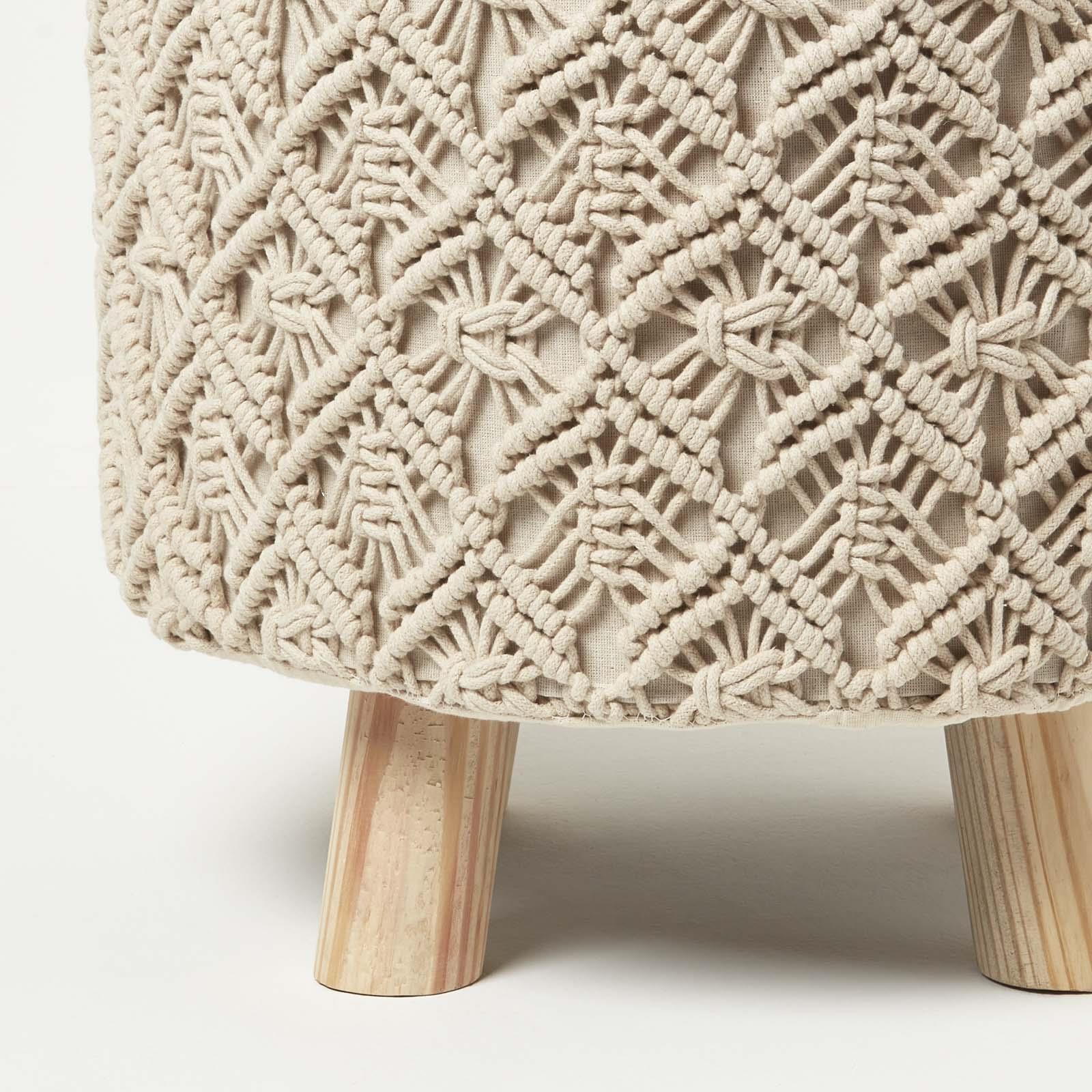 Macrame Knitted Pouffe with Storage 43 cm Tall Crochet Round Footstool on Legs - Picture 10 of 13