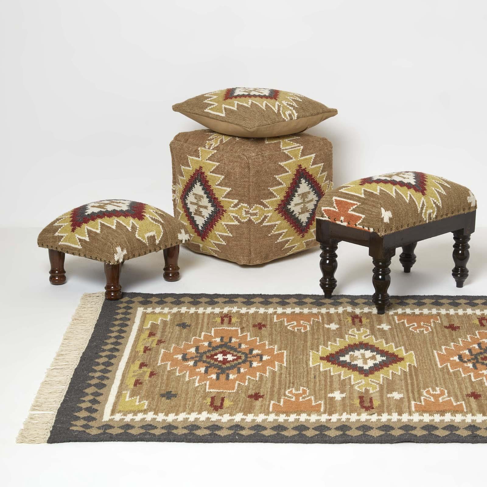 Traditional Style Handmade Kilim Pouffe & Footstool with Wooden Legs - Picture 12 of 34