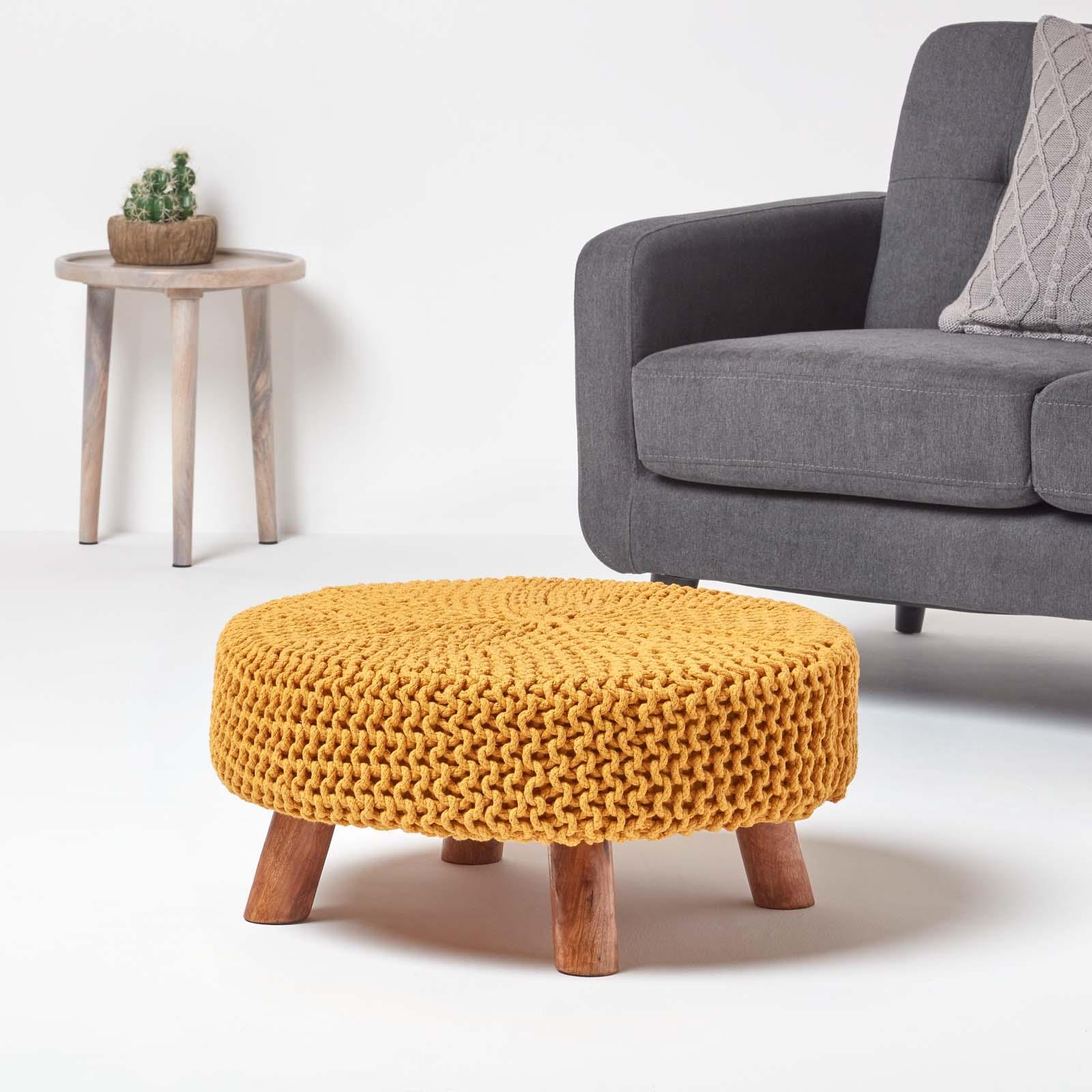 Round Knitted Footstool 100% Cotton Flat Circular with 4 Support Wooden Legs - Picture 39 of 108