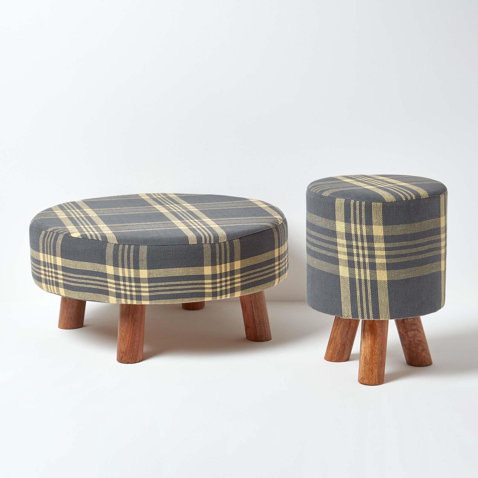 Tartan Check Tall and Flat Footstool with Wooden Legs - Picture 23 of 23