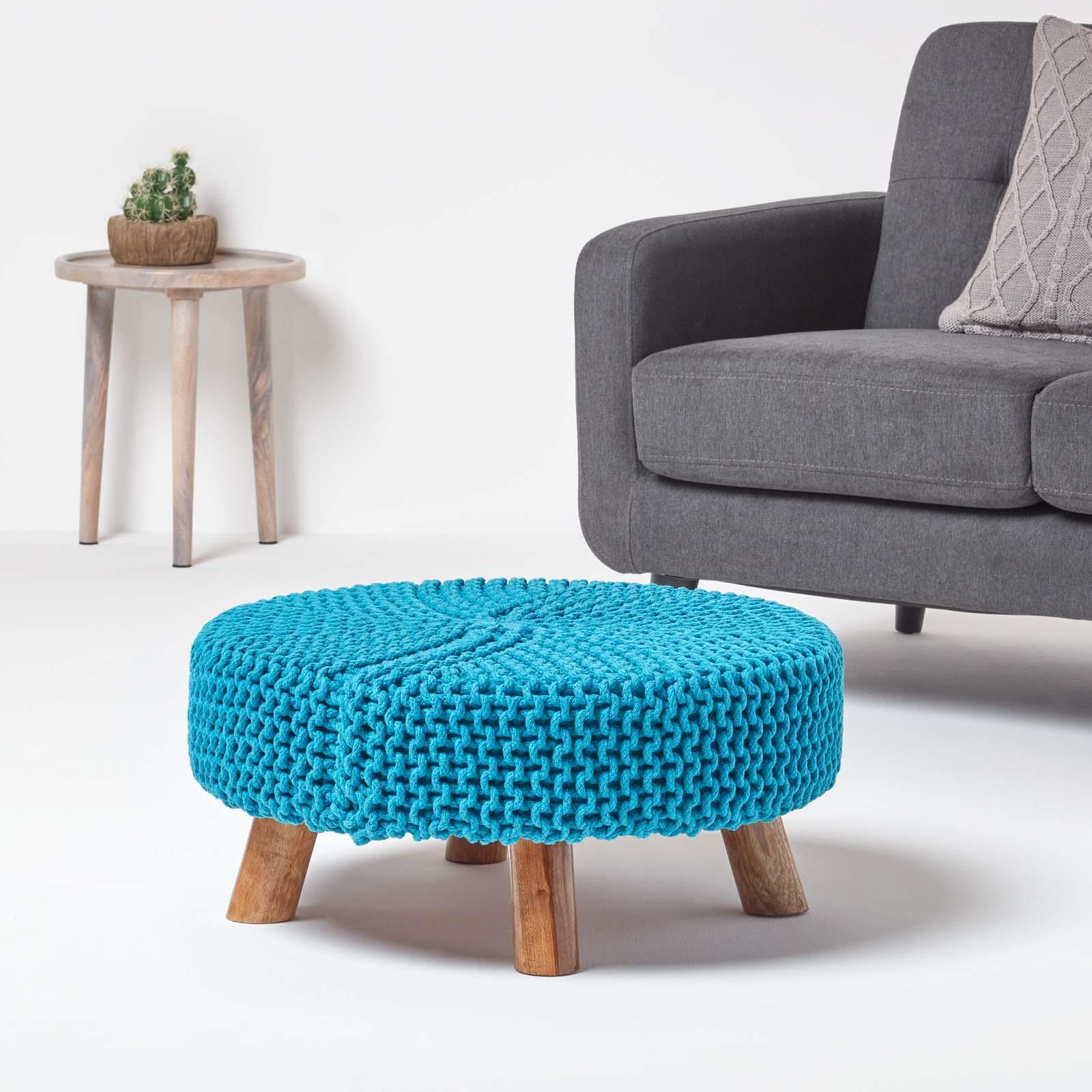 Round Knitted Footstool 100% Cotton Flat Circular with 4 Support Wooden Legs - Picture 98 of 108