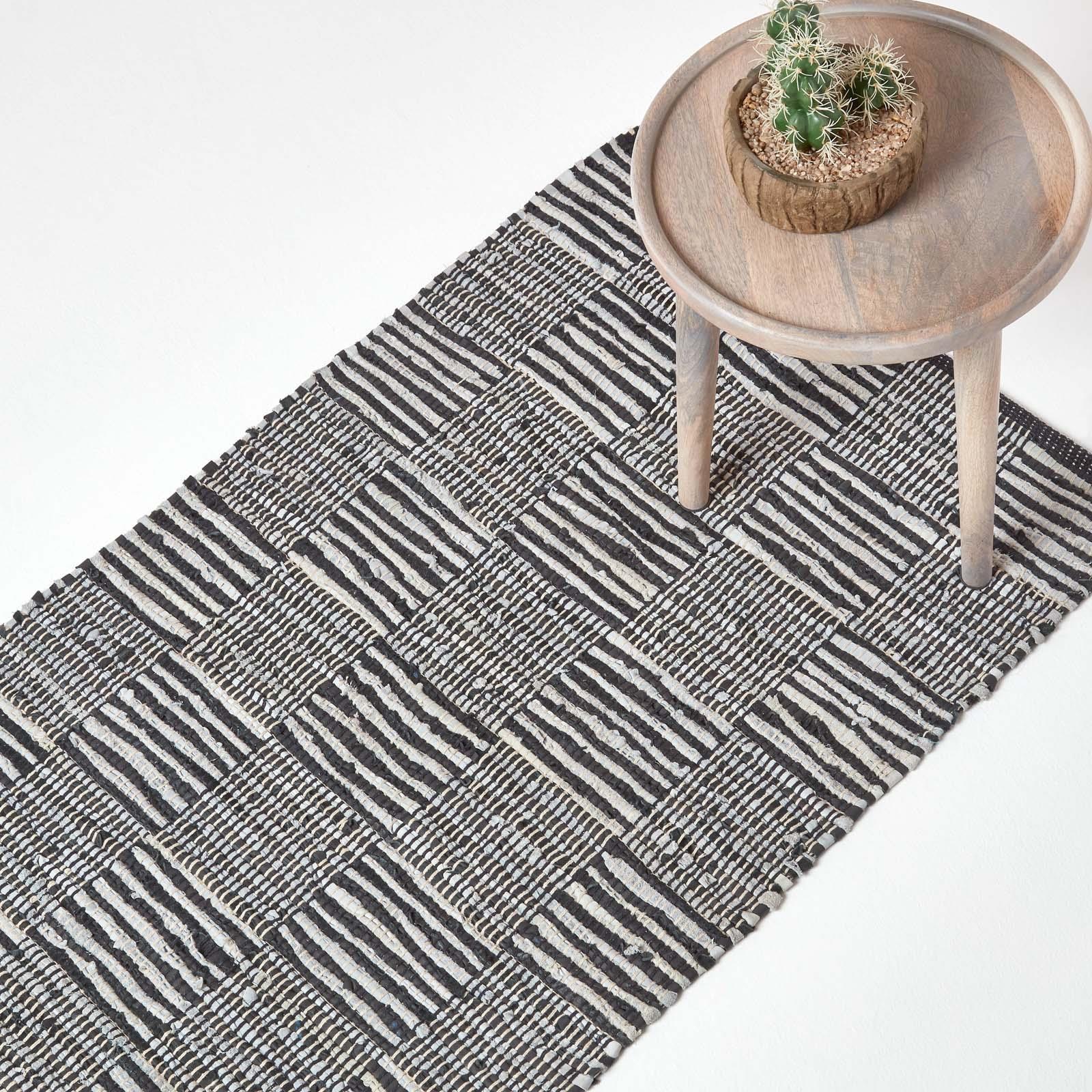 Real Leather Handwoven Black Grey Brown Hall Runner Textured Pattern 66 x 200 cm - Picture 7 of 24