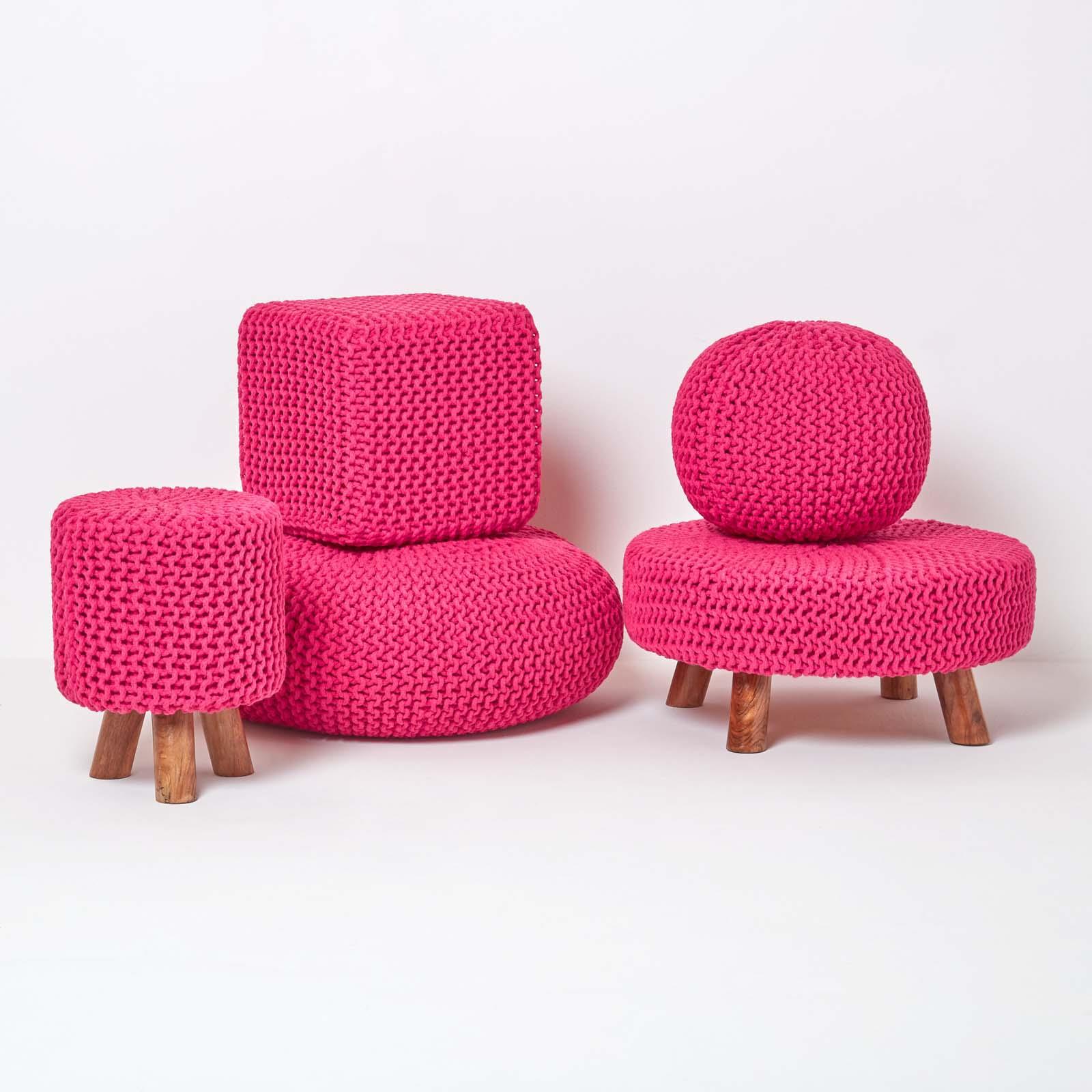 Large Round Cotton Knitted Pouffes Footstools Red, Yellow, Black, Grey, Natural - Picture 42 of 108