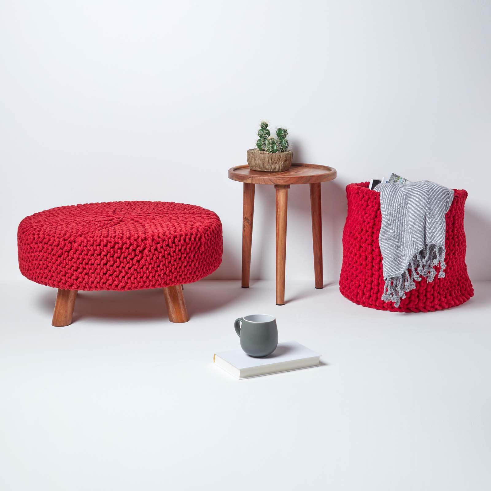 Round Knitted Footstool 100% Cotton Flat Circular with 4 Support Wooden Legs - Picture 90 of 108