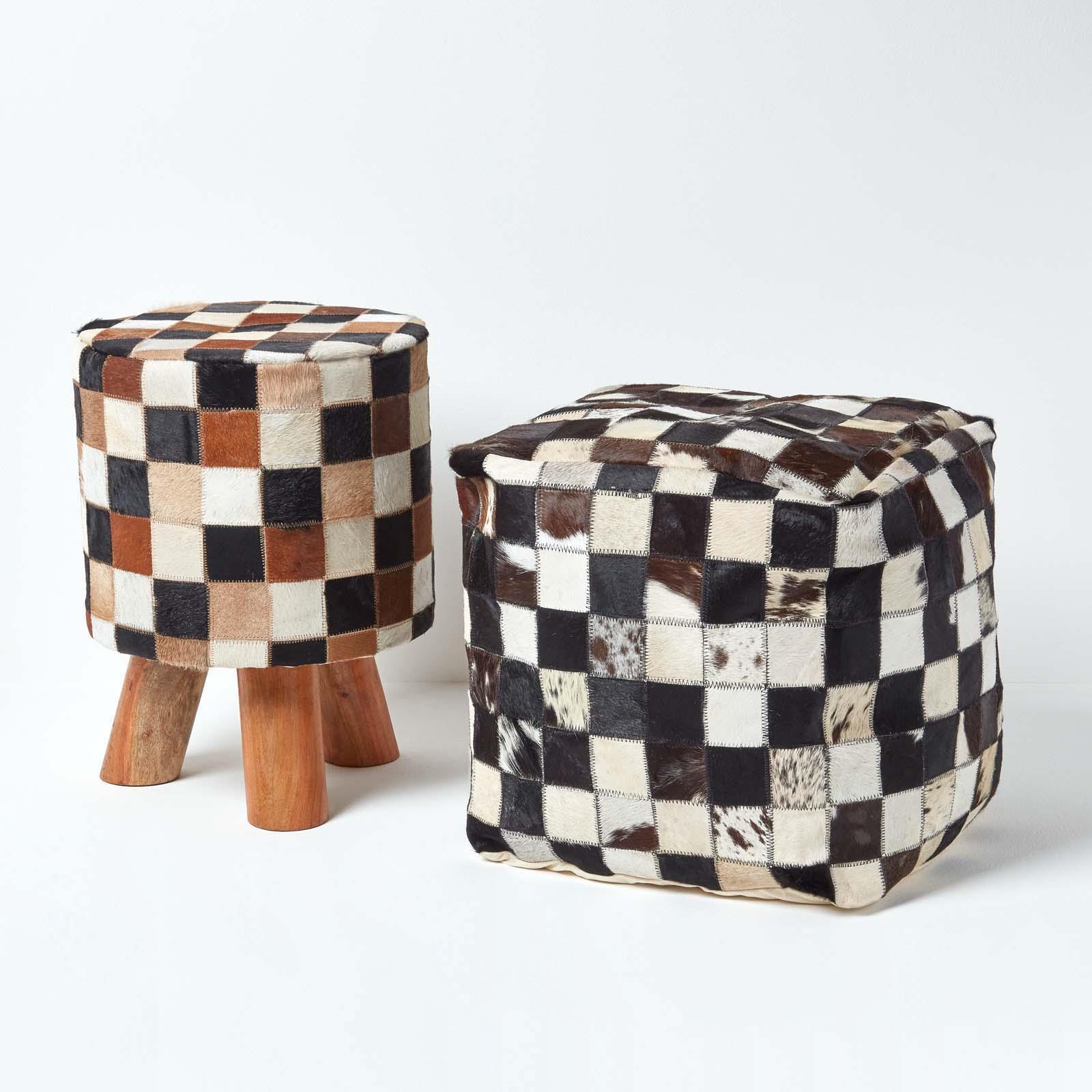 Genuine Leather Brown Check Design Bean Filled Pouffe and Footstool - Picture 11 of 11