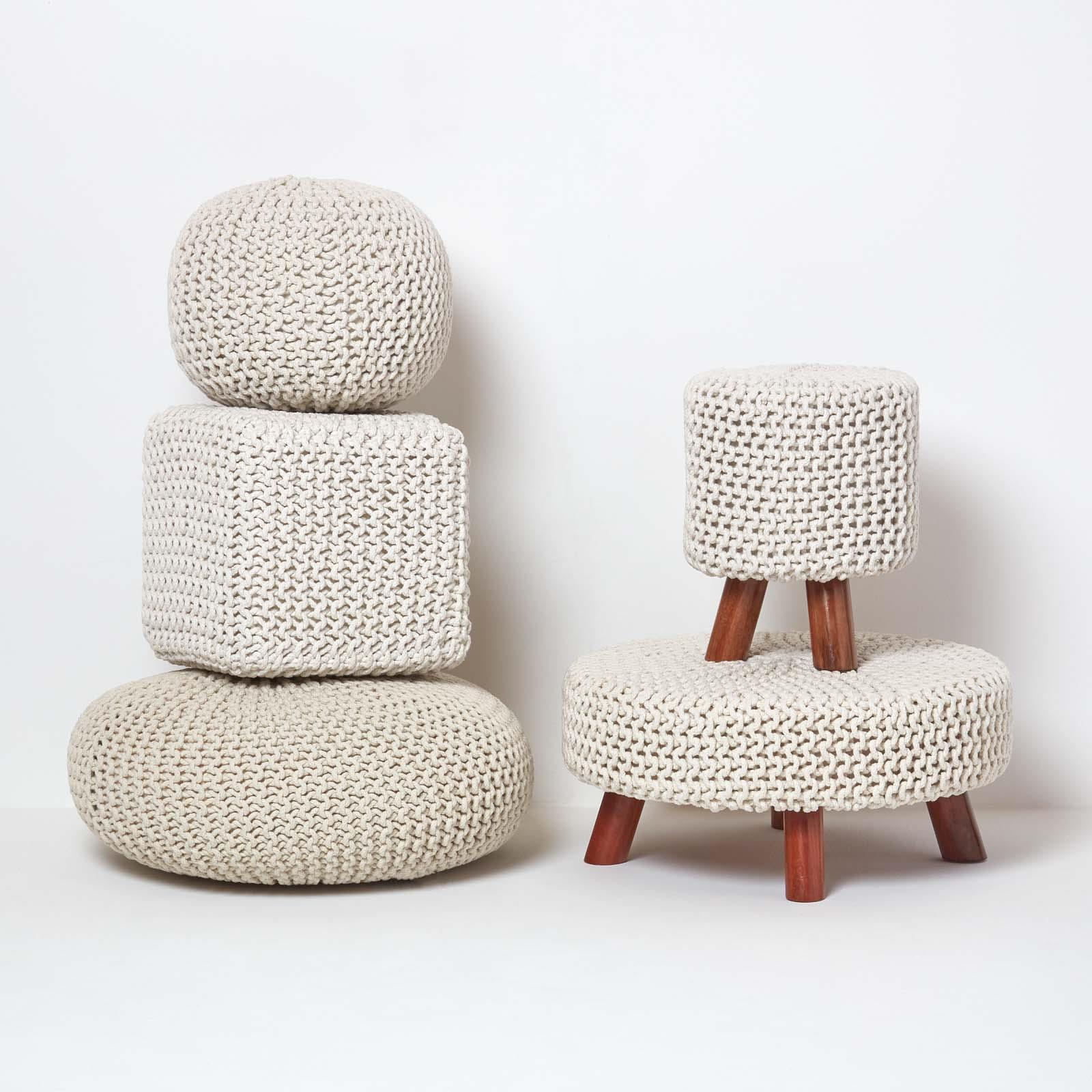 Large Round Cotton Knitted Pouffes Footstools Red, Yellow, Black, Grey, Natural - Picture 59 of 108