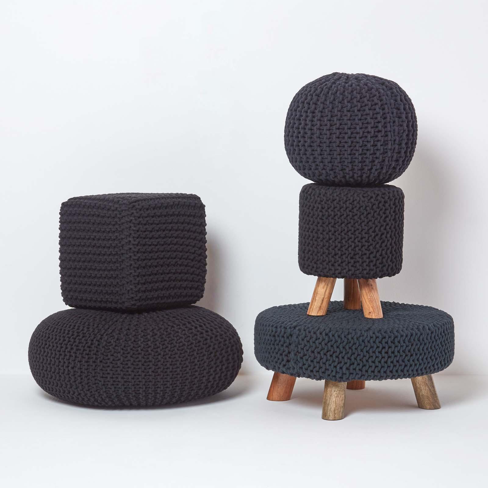 Large Round Cotton Knitted Pouffes Footstools Red, Yellow, Black, Grey, Natural - Picture 6 of 108