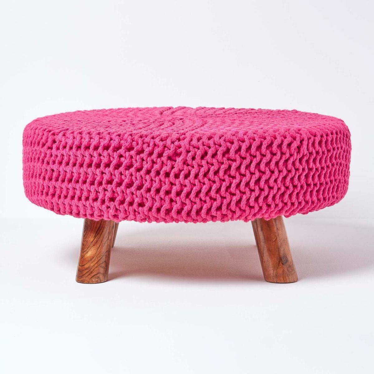 Round Knitted Footstool 100% Cotton Flat Circular with 4 Support Wooden Legs - Picture 26 of 108