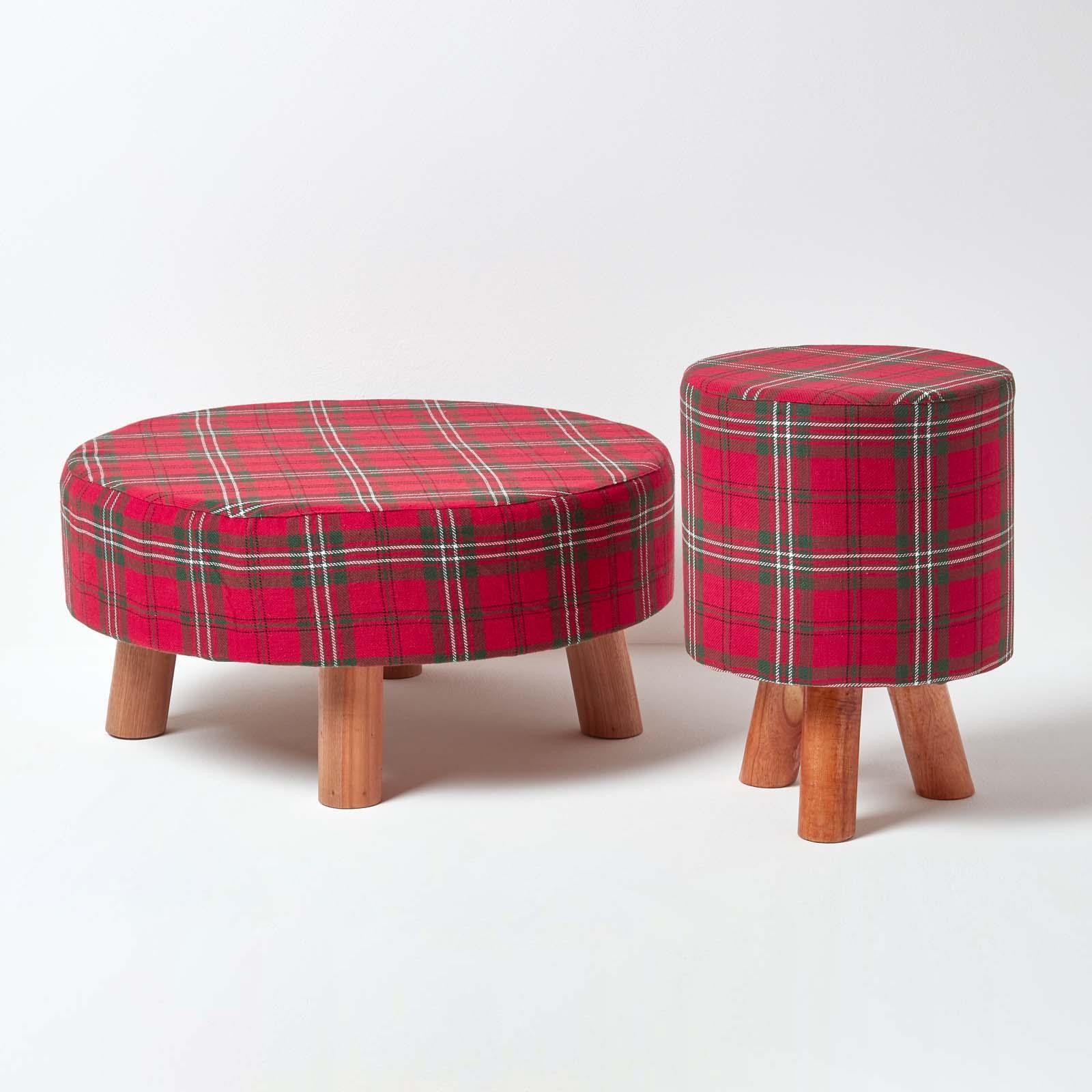 Tartan Check Tall and Flat Footstool with Wooden Legs - Picture 10 of 23