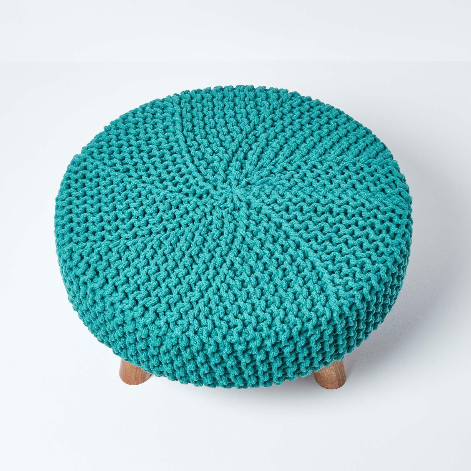 Round Knitted Footstool 100% Cotton Flat Circular with 4 Support Wooden Legs - Picture 105 of 108