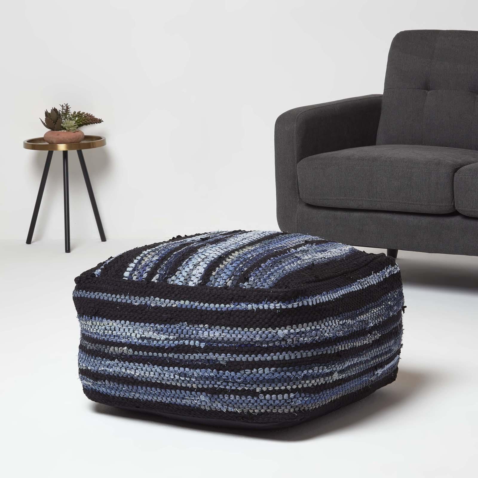 Contemporary Square Cube Bean Filled Pouffe Footstool in Fabric & Denim Leather - Picture 7 of 14