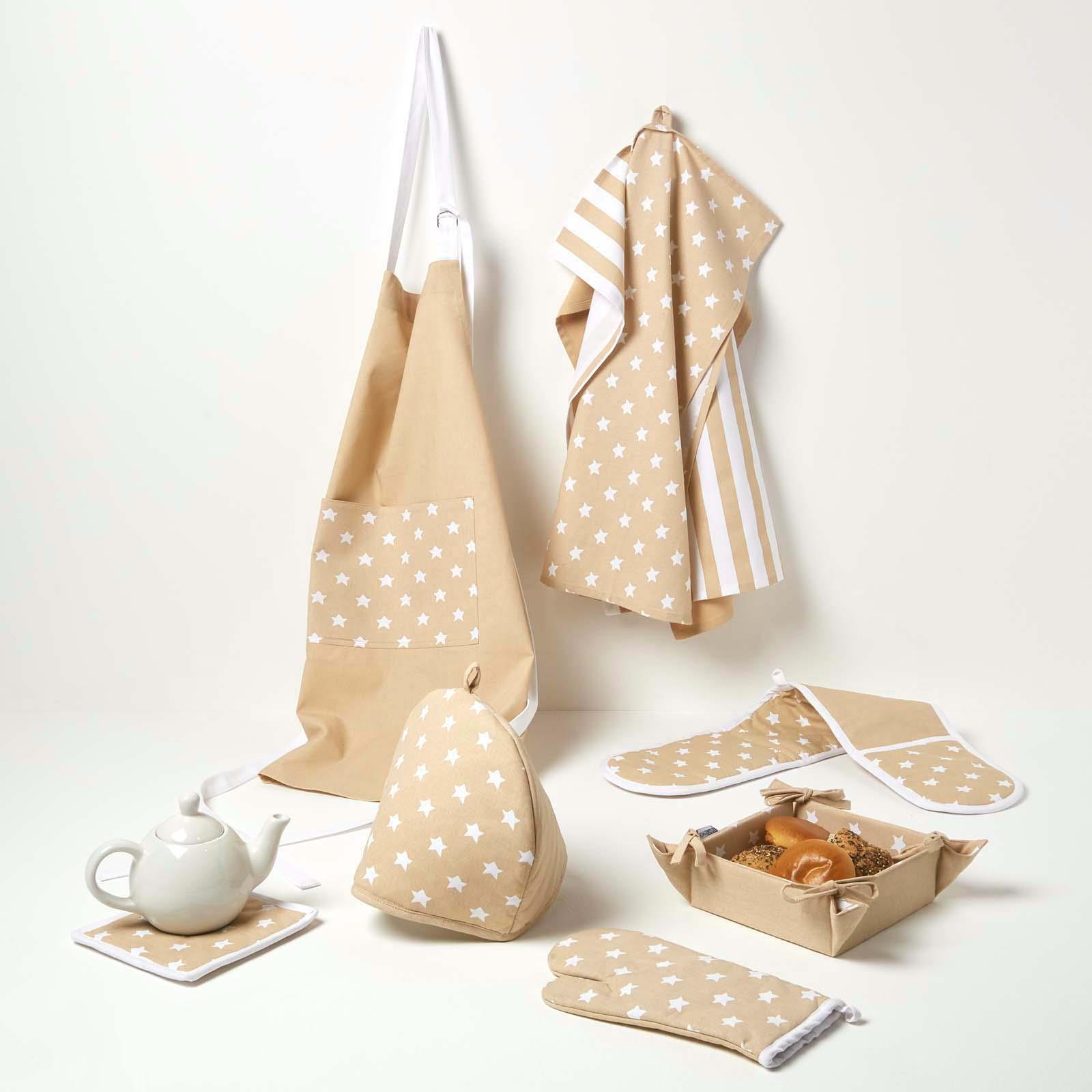 Cotton Beige And White Stars Kitchen Double Oven Gloves Apron Towel Pot Holder - Picture 6 of 26