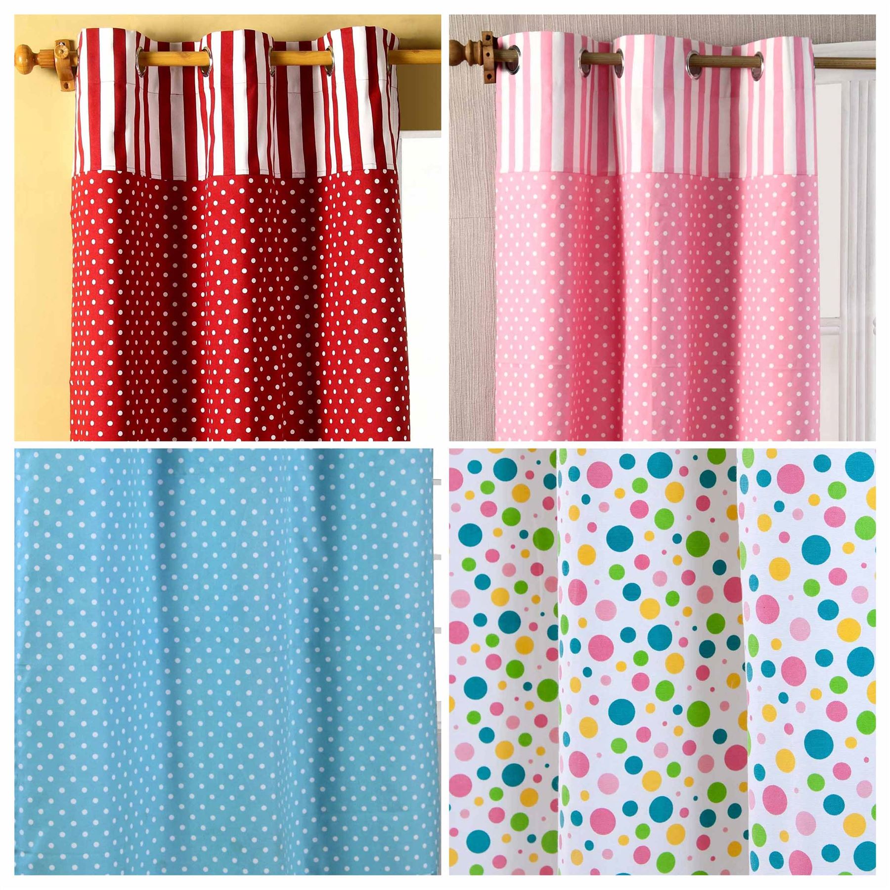 Polka Dots Ready Made Eyelet Curtain Pair Red Pink Blue Multi