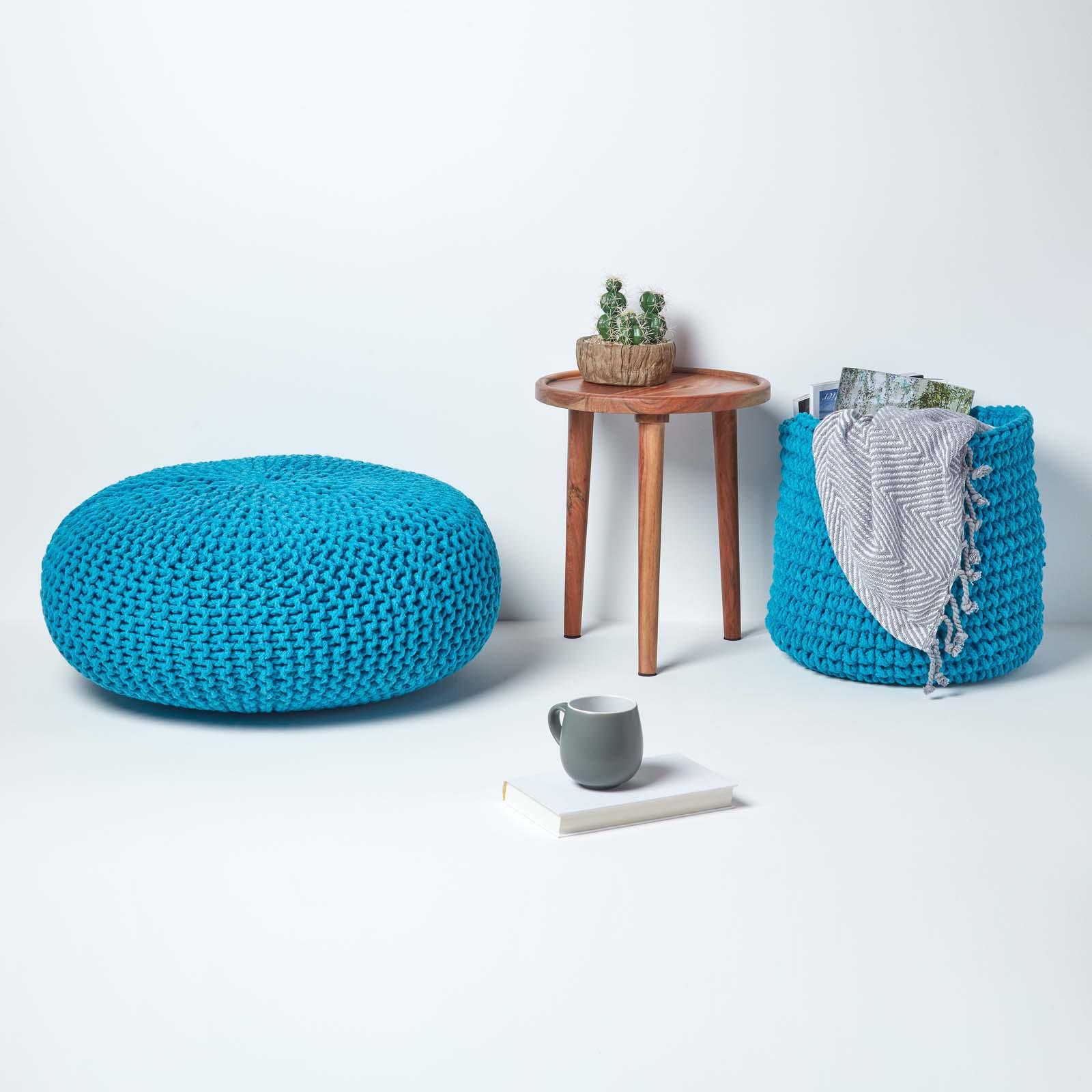 Large Round Cotton Knitted Pouffes Footstools Red, Yellow, Black, Grey, Natural - Picture 102 of 108
