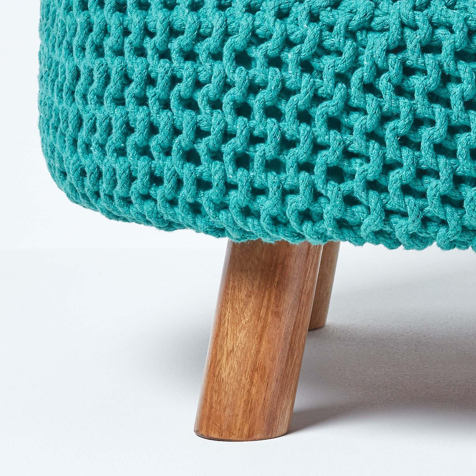 Round Knitted Footstool 100% Cotton Flat Circular with 4 Support Wooden Legs - Picture 106 of 108