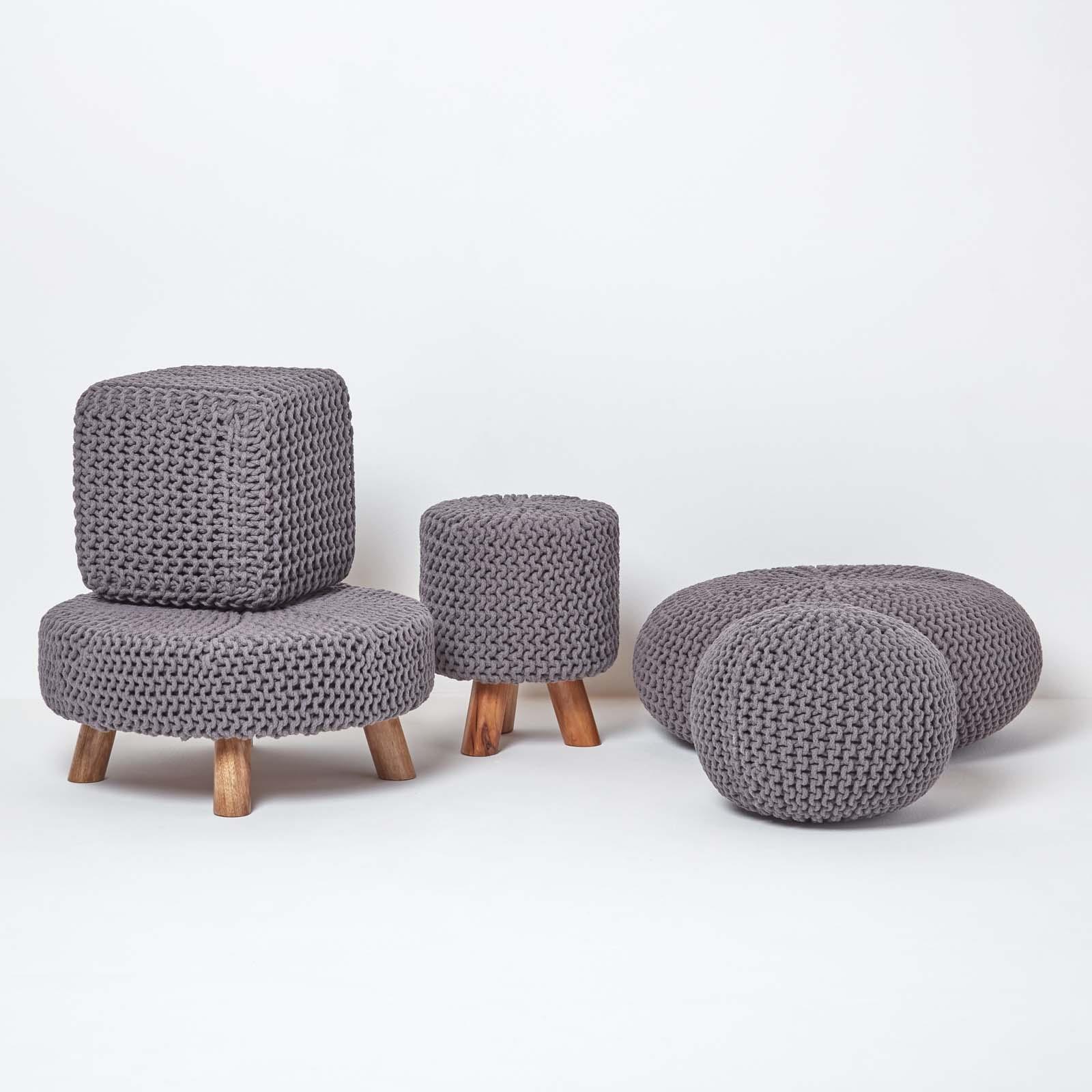 Large Round Cotton Knitted Pouffes Footstools Red, Yellow, Black, Grey, Natural - Picture 36 of 108