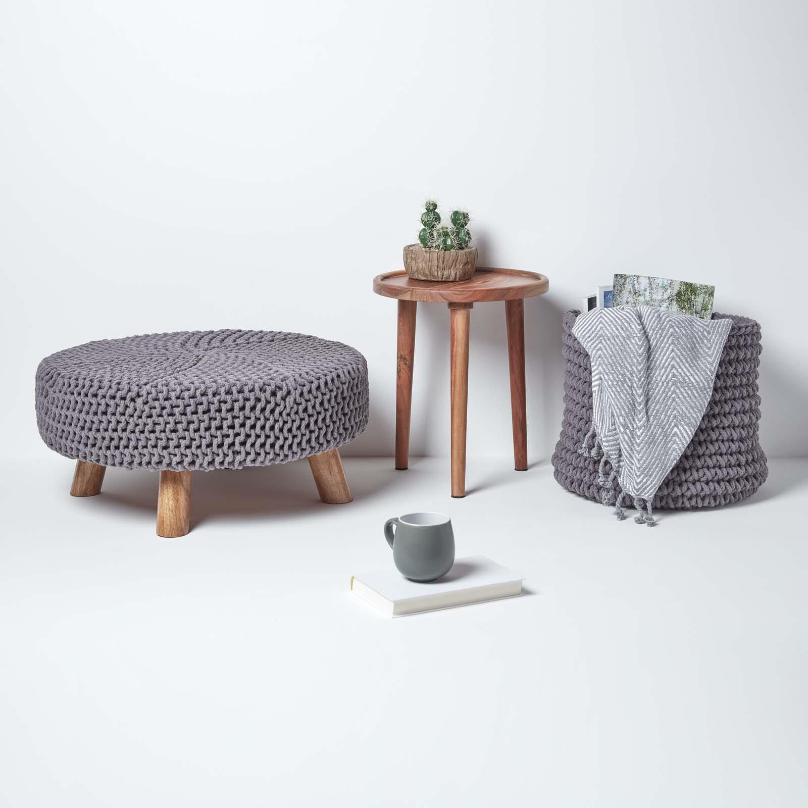 Round Knitted Footstool 100% Cotton Flat Circular with 4 Support Wooden Legs - Picture 96 of 108