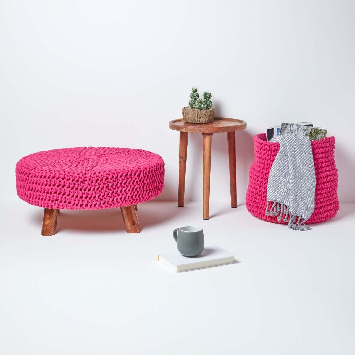 Round Knitted Footstool 100% Cotton Flat Circular with 4 Support Wooden Legs - Picture 31 of 108