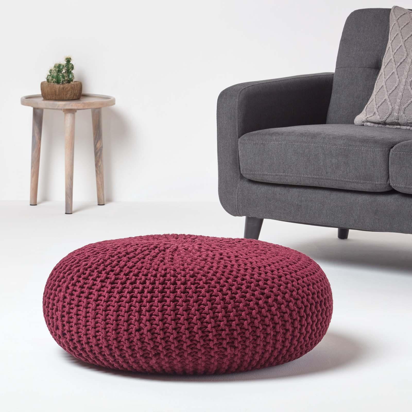 Large Round Cotton Knitted Pouffes Footstools Red, Yellow, Black, Grey, Natural - Picture 86 of 108
