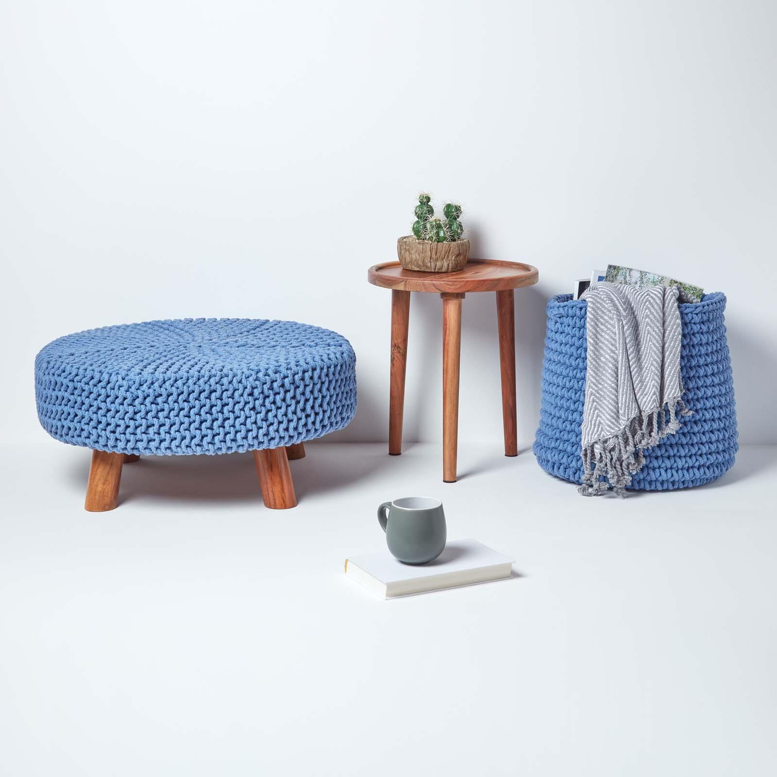 Round Knitted Footstool 100% Cotton Flat Circular with 4 Support Wooden Legs - Picture 13 of 108