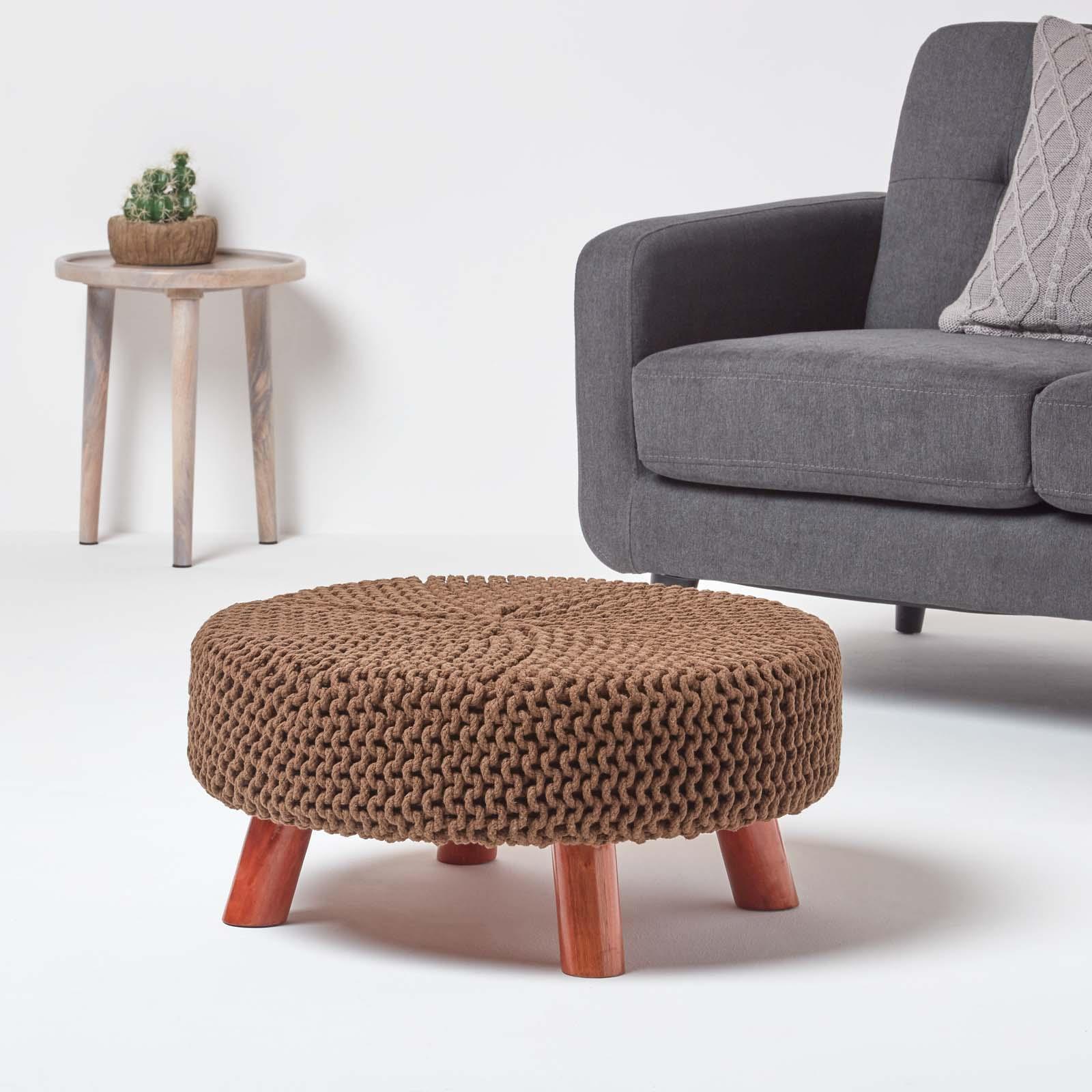Round Knitted Footstool 100% Cotton Flat Circular with 4 Support Wooden Legs - Picture 15 of 108