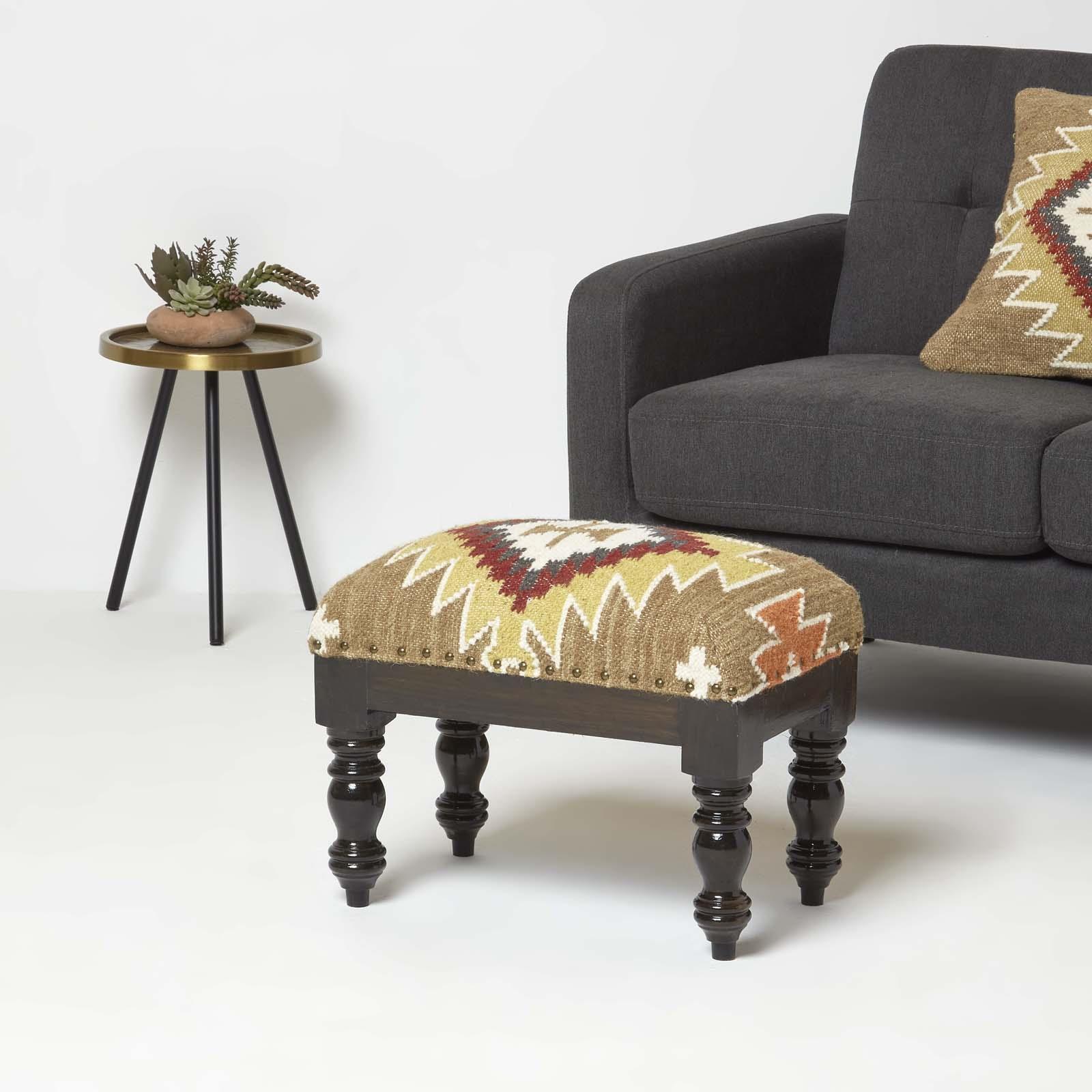 Traditional Style Handmade Kilim Pouffe & Footstool with Wooden Legs - Picture 5 of 34