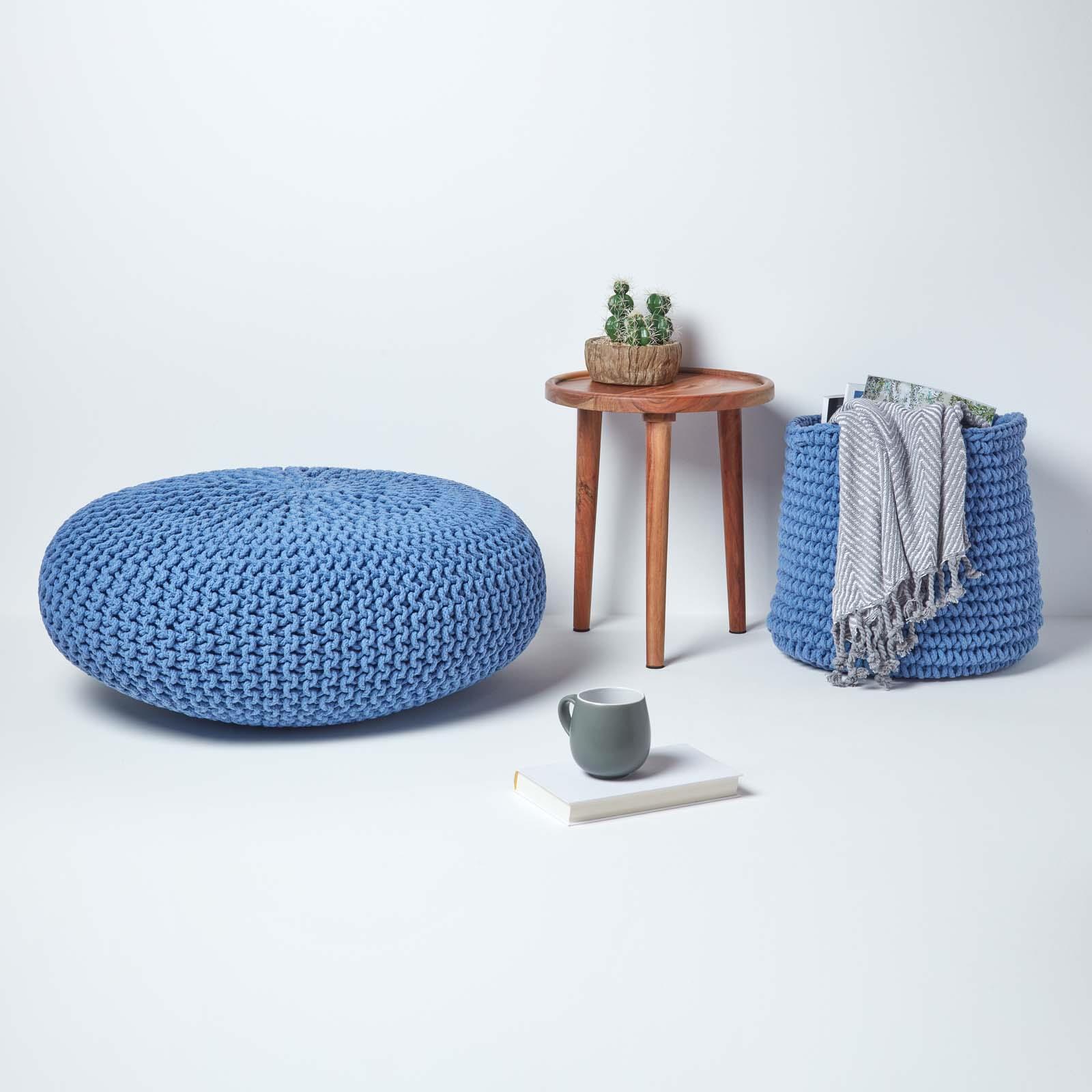 Large Round Cotton Knitted Pouffes Footstools Red, Yellow, Black, Grey, Natural - Picture 13 of 108