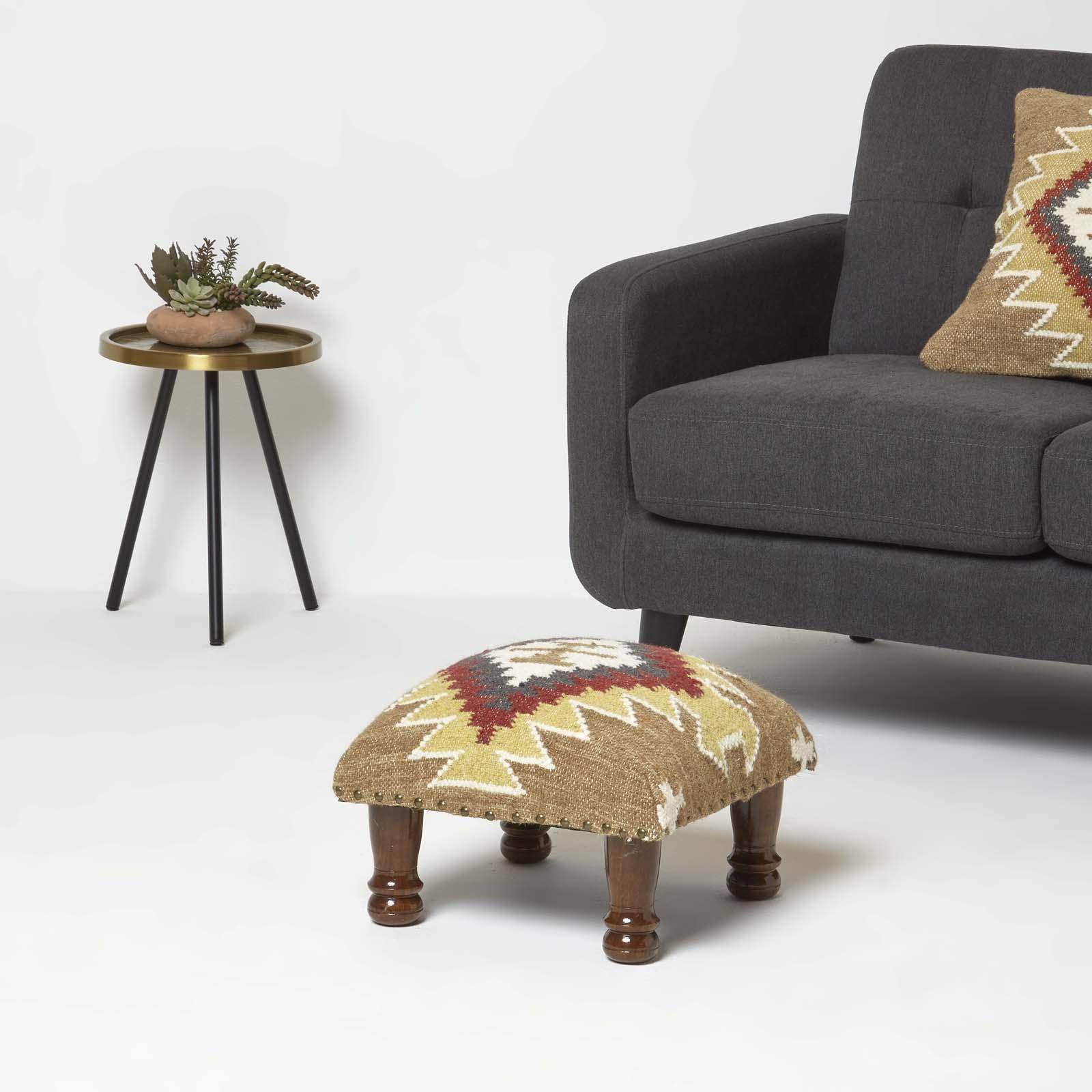 Traditional Style Handmade Kilim Pouffe & Footstool with Wooden Legs - Picture 4 of 34