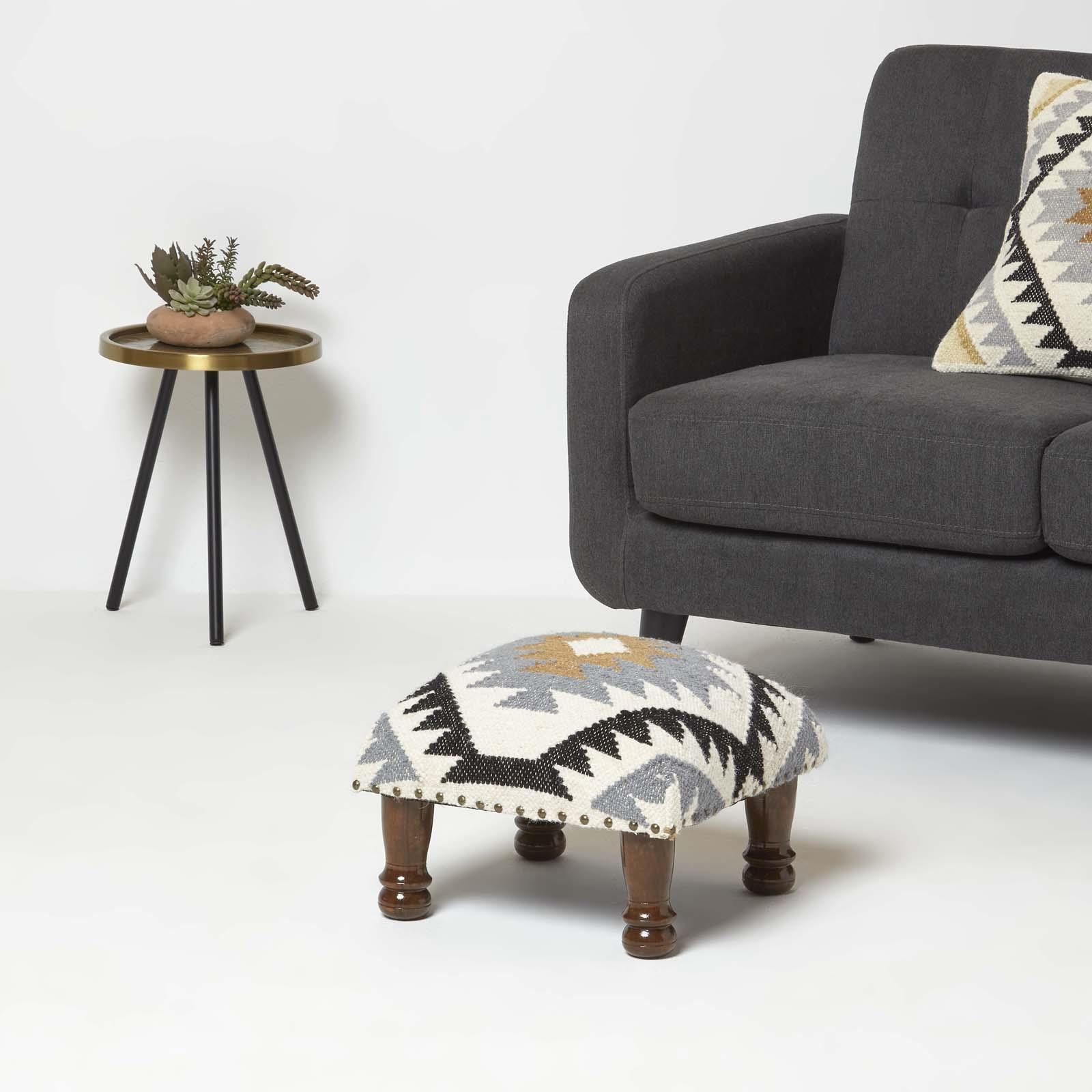 Traditional Style Handmade Kilim Pouffe & Footstool with Wooden Legs - Picture 26 of 34