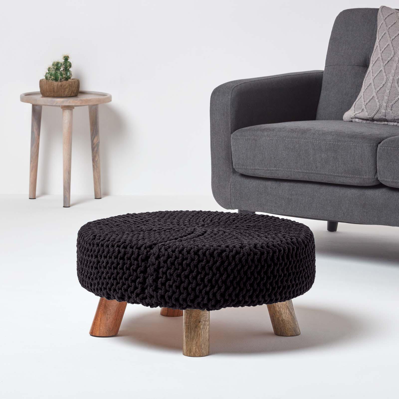 Round Knitted Footstool 100% Cotton Flat Circular with 4 Support Wooden Legs - Picture 3 of 108