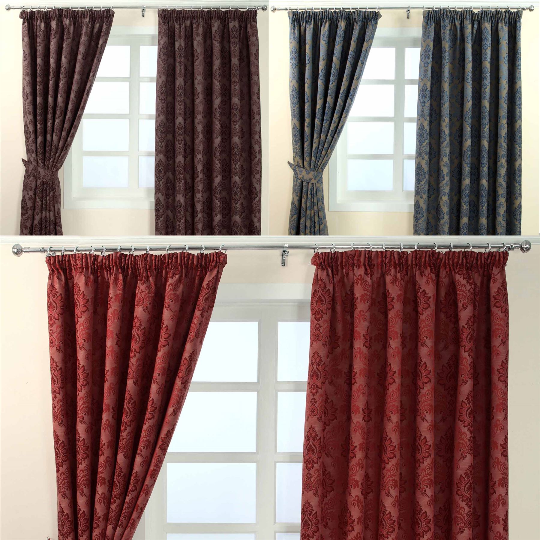 Pencil Pleat Fully Lined Ready Made Jacquard Damask Curtains Blue