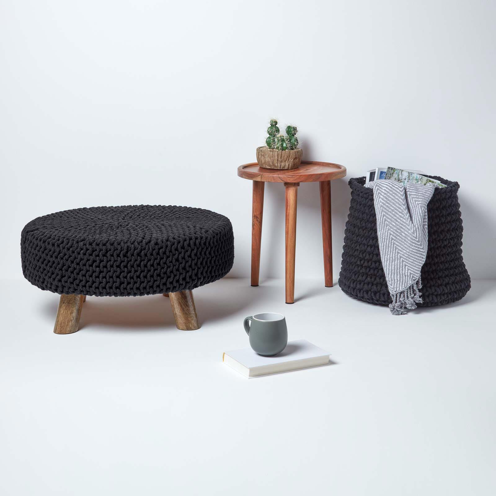 Round Knitted Footstool 100% Cotton Flat Circular with 4 Support Wooden Legs - Picture 7 of 108