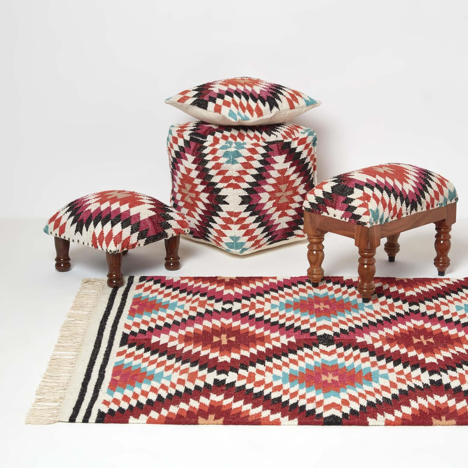 Traditional Style Handmade Kilim Pouffe & Footstool with Wooden Legs - Picture 23 of 34