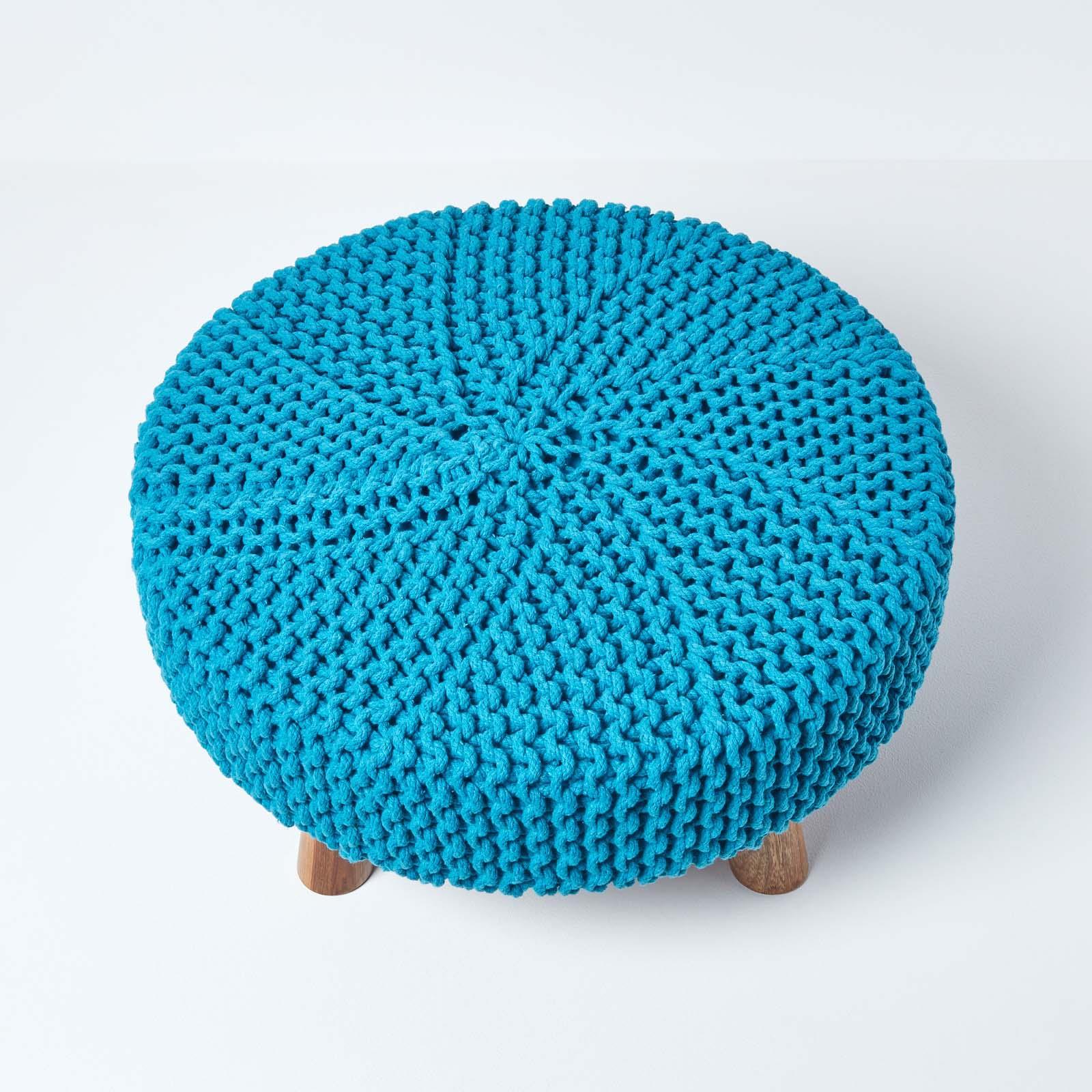 Round Knitted Footstool 100% Cotton Flat Circular with 4 Support Wooden Legs - Picture 99 of 108