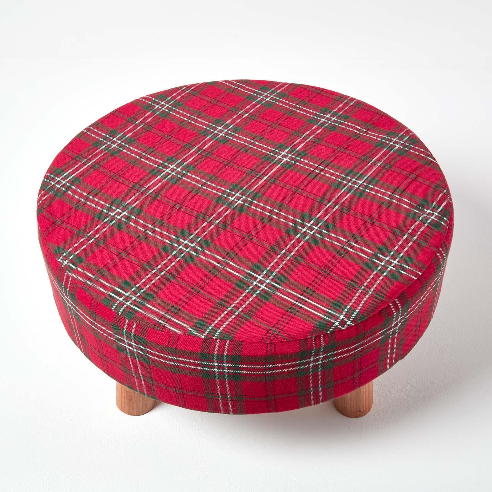 Tartan Check Tall and Flat Footstool with Wooden Legs - Picture 9 of 23