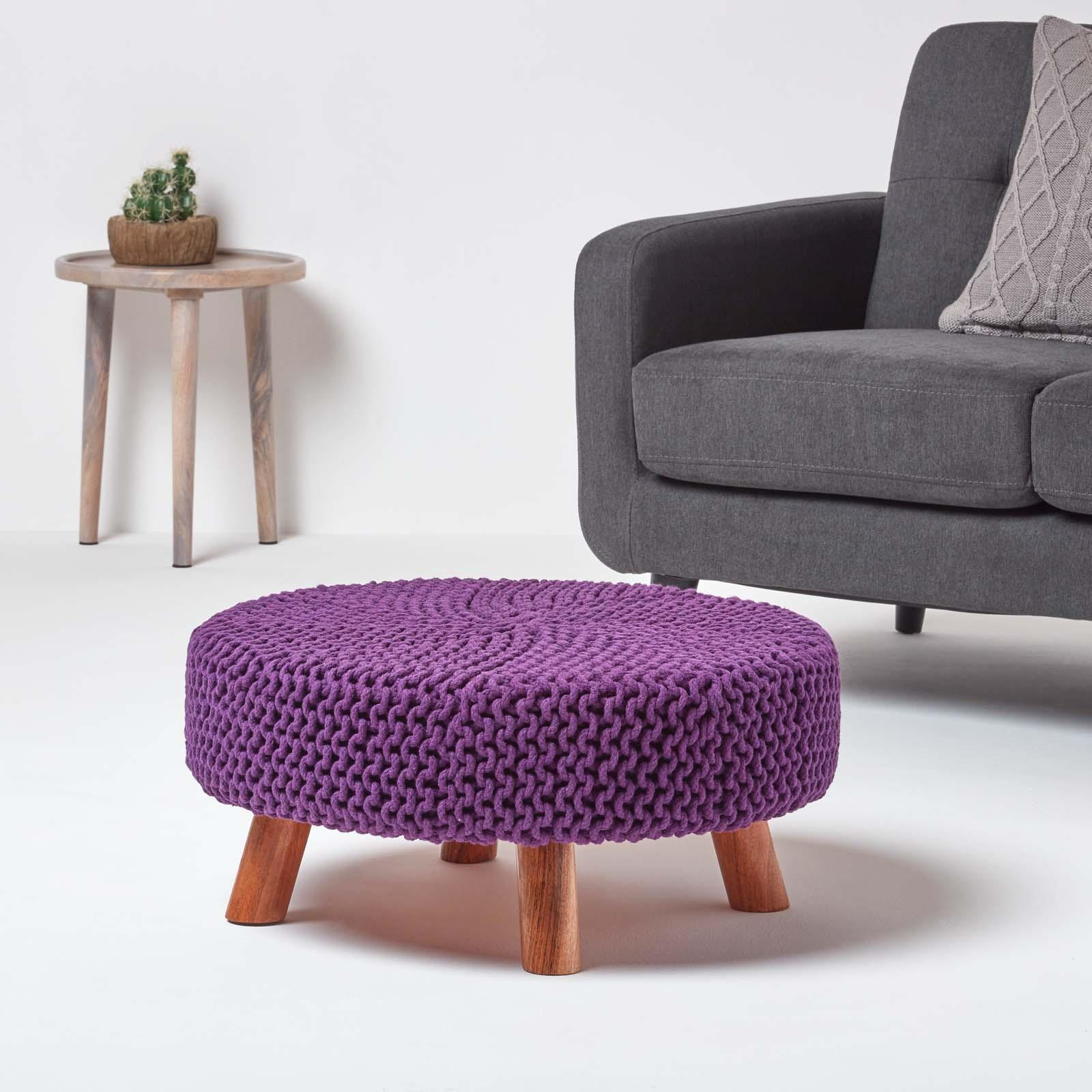 Round Knitted Footstool 100% Cotton Flat Circular with 4 Support Wooden Legs - Picture 81 of 108