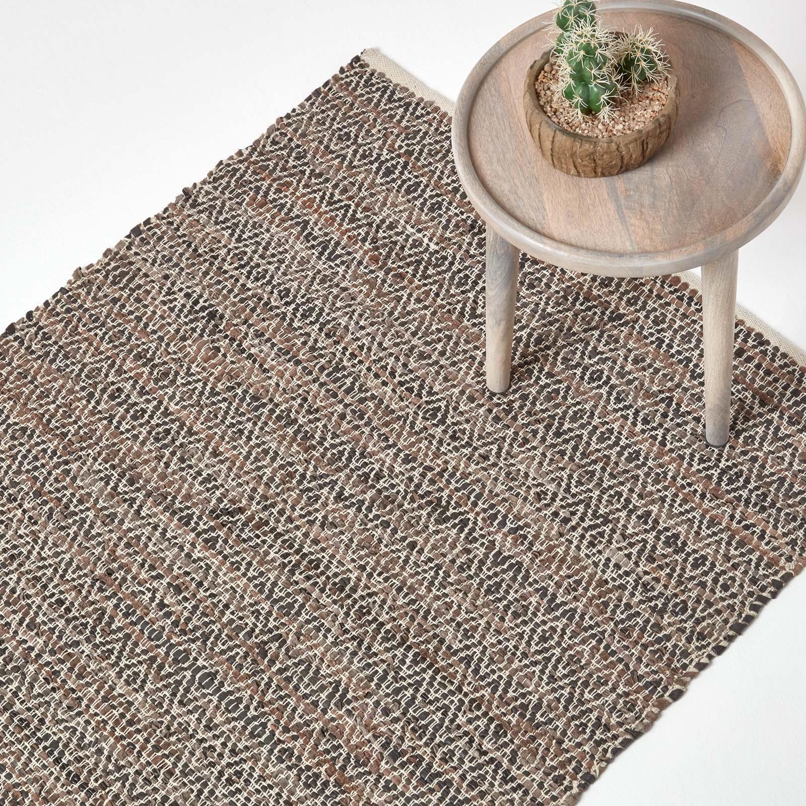 Real Leather Handwoven Black Grey Brown Hall Runner Textured Pattern 66 x 200 cm - Picture 12 of 24